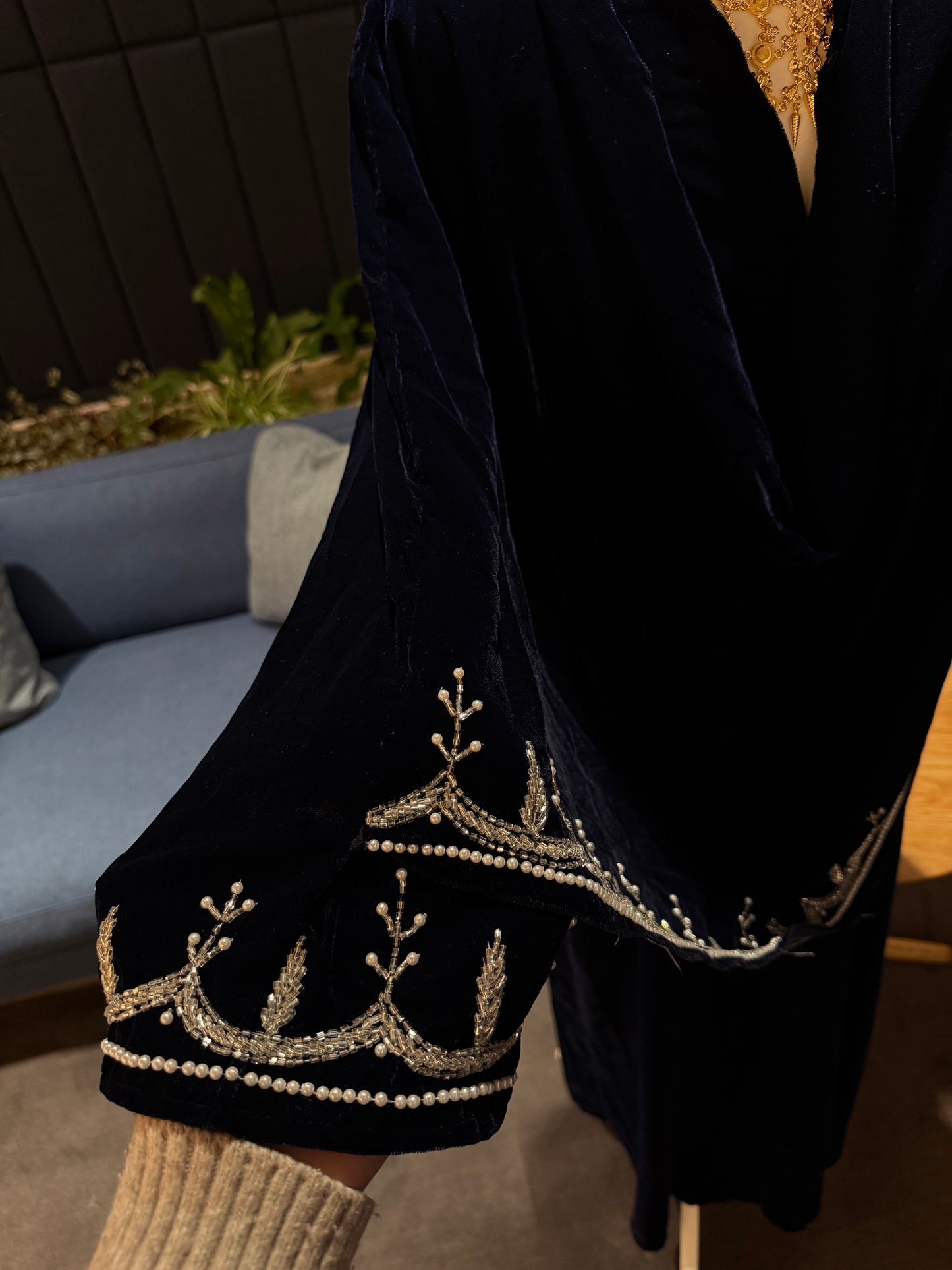 Dark blue Velvet abaya, handmade with attached scarf