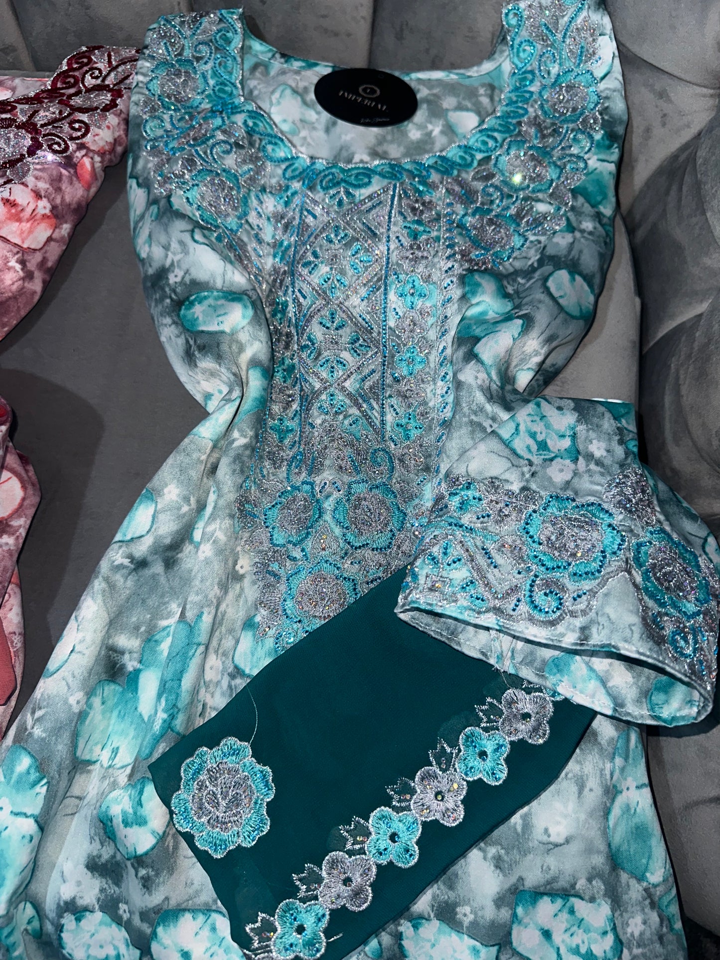 Purple, green, turquoise, red and orange mkhawar with matching Shiela and back corset
