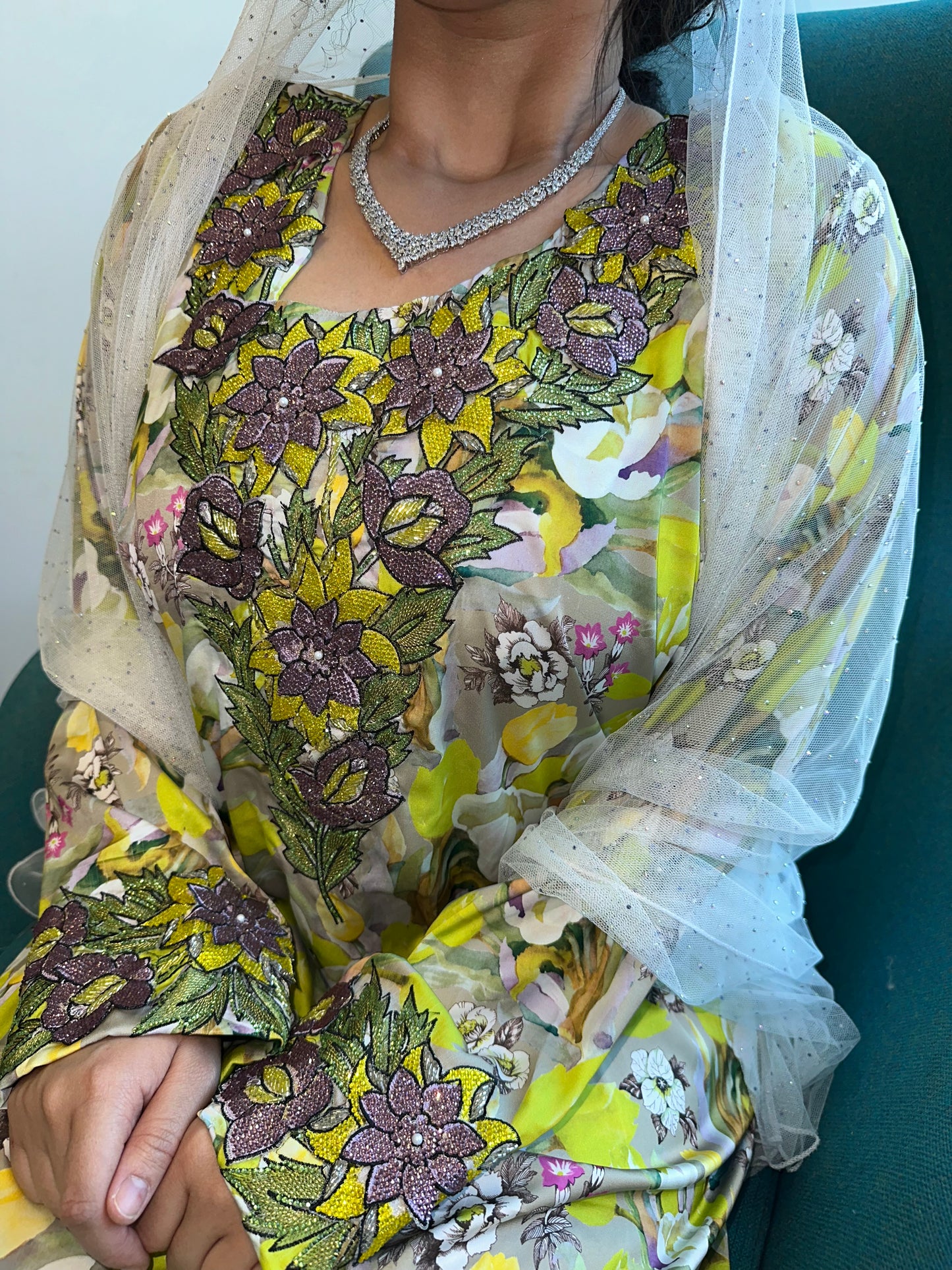 Green and purple mkhawar pure silk mkhawar