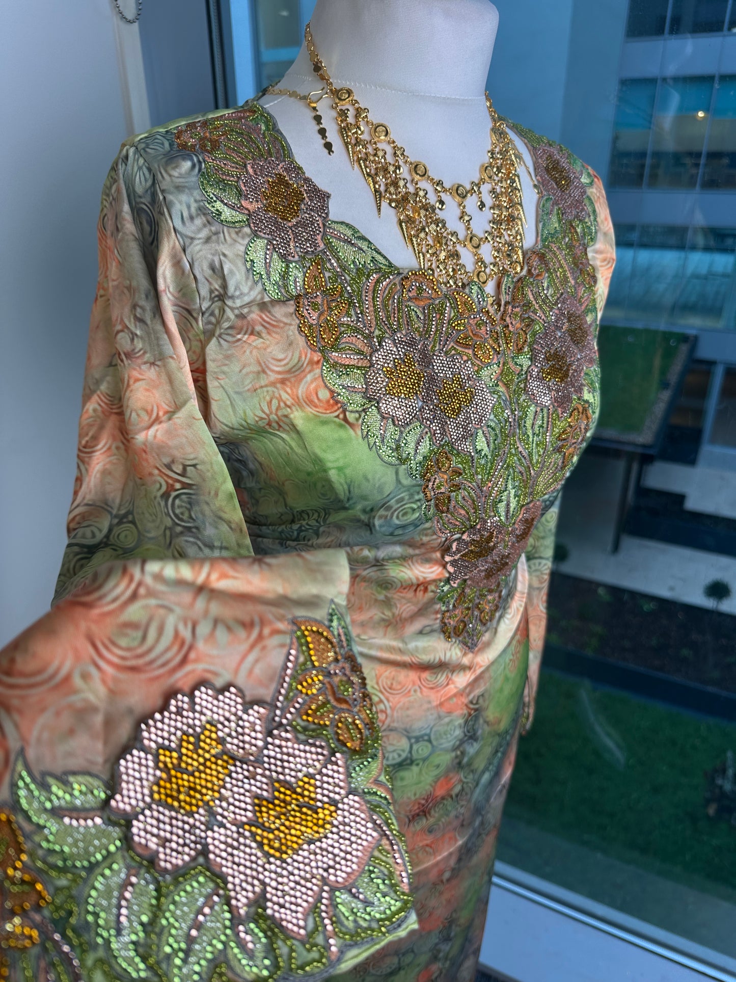 Green orange silk Mukhawar with back corset