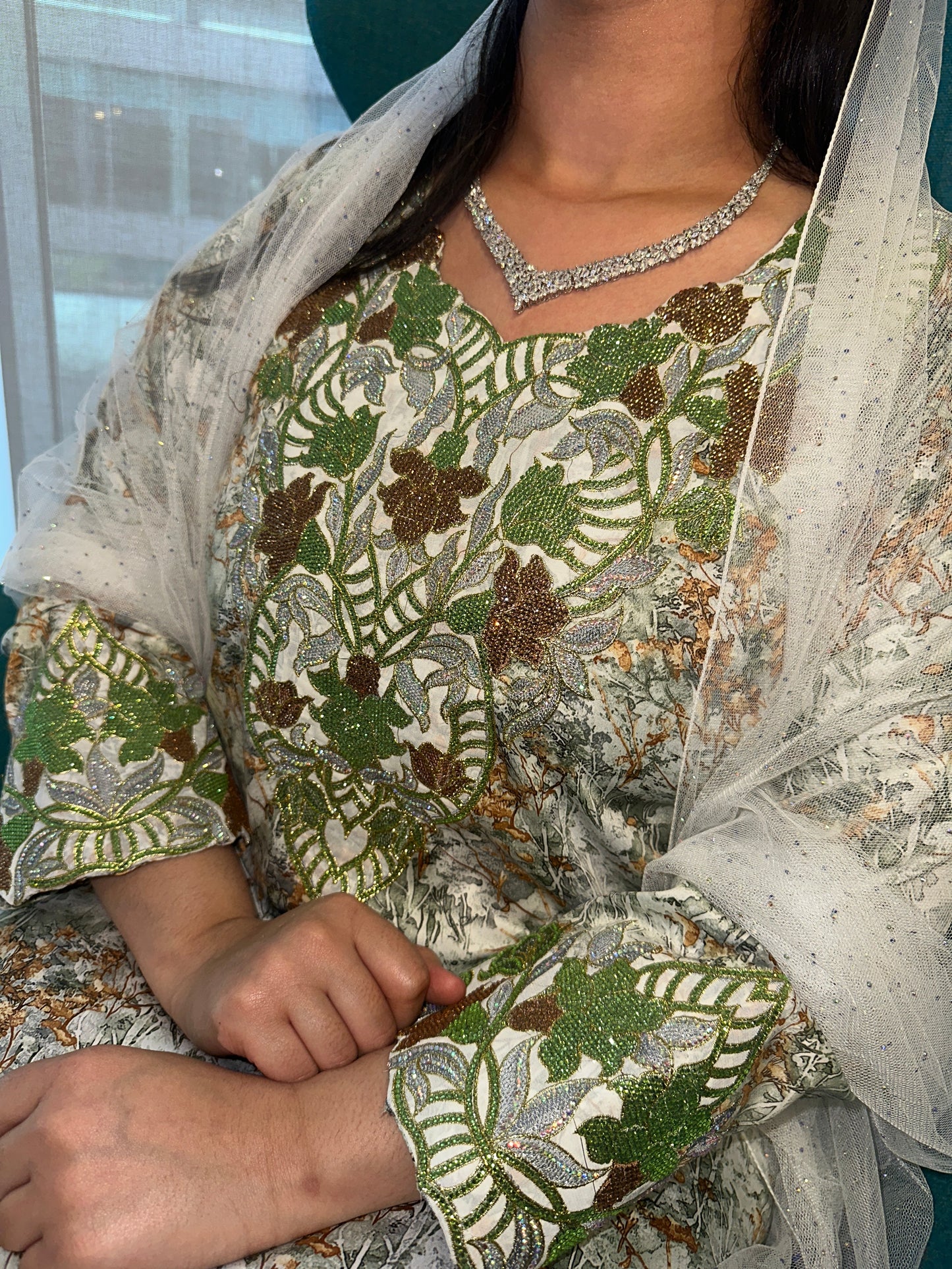 Olive green and blue mkhawar Indonesian silk