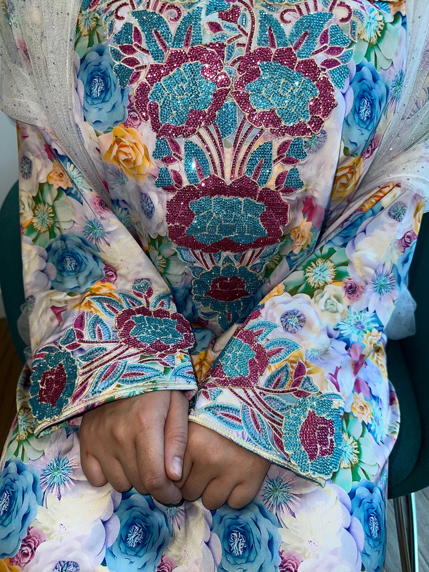 Floral with purple and blue pure silk mkhawar