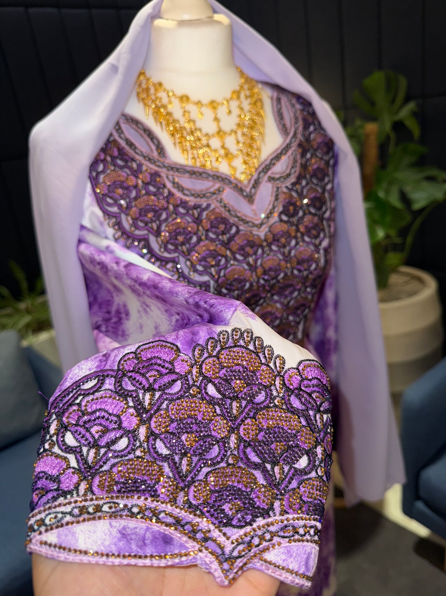 Purple mukhawar with hijab and back corset