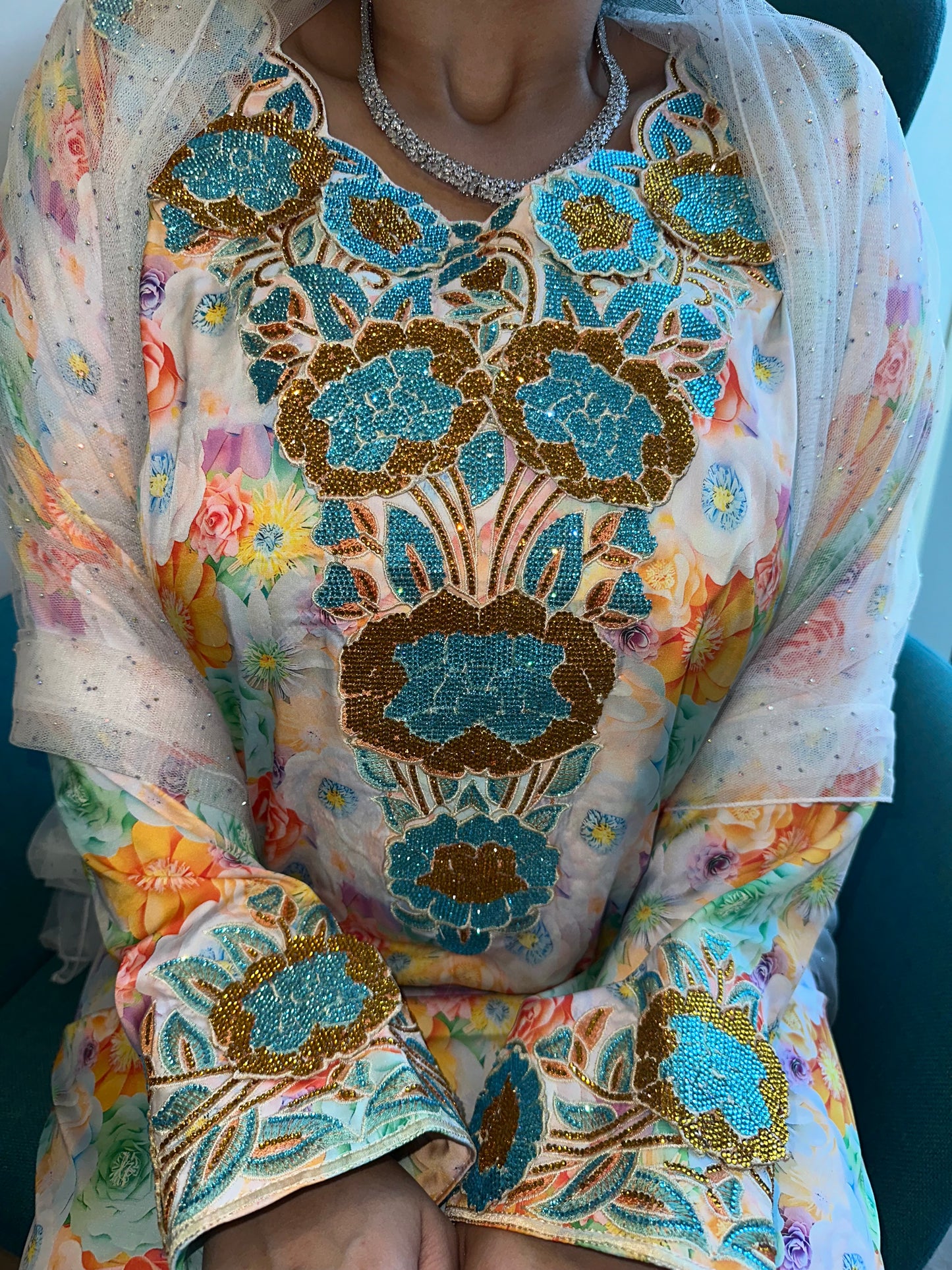 Orange flowers with blue and gold pure silk mkhawar 3D
