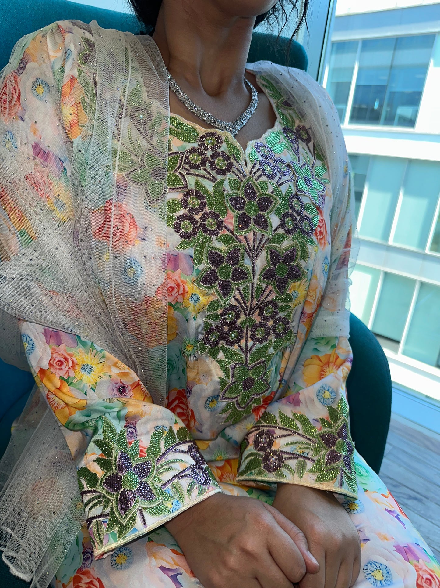Orange flowers pure silk mkhawar 3D