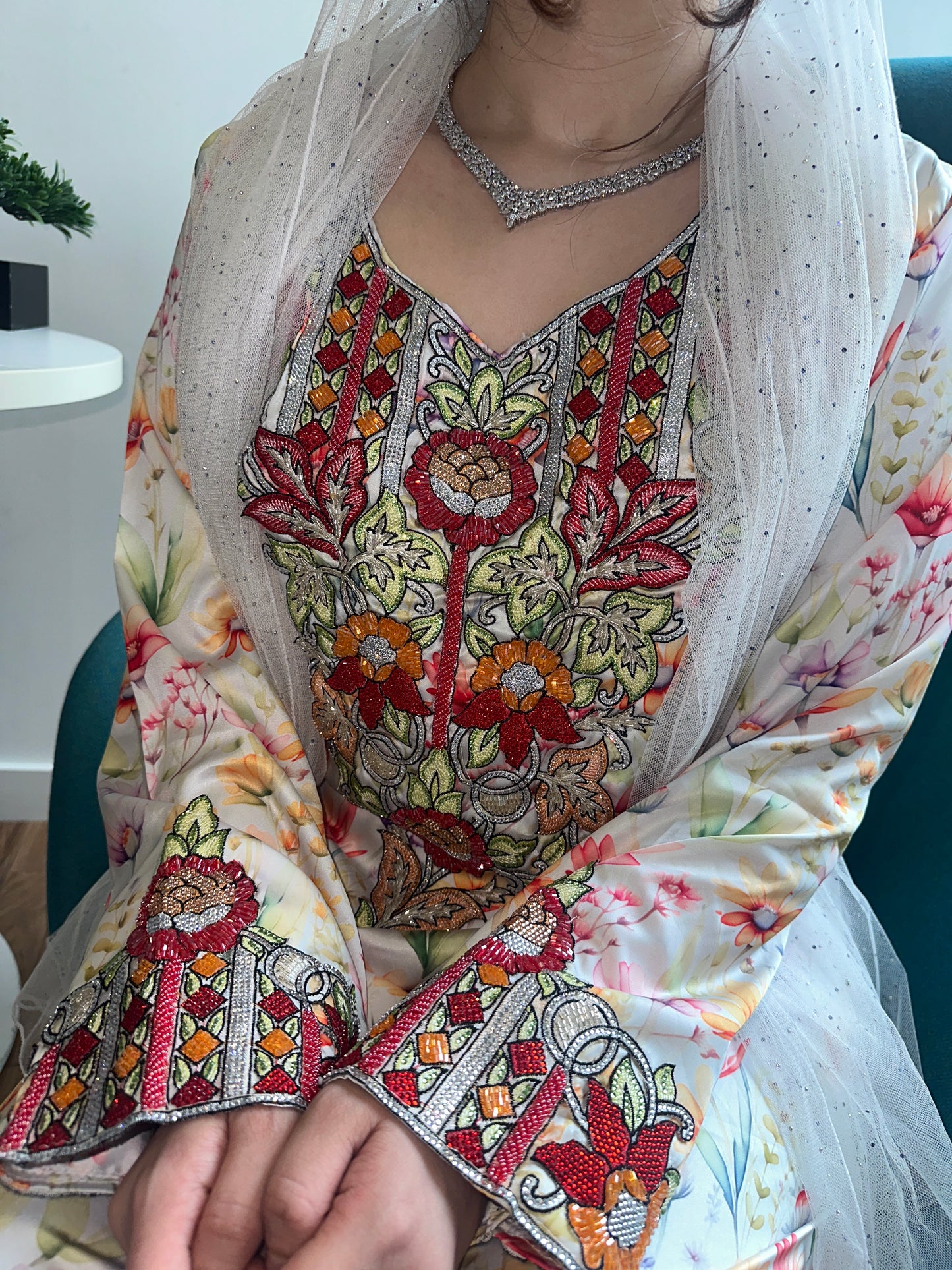 Red flowers beaded, pure silk mkhawar