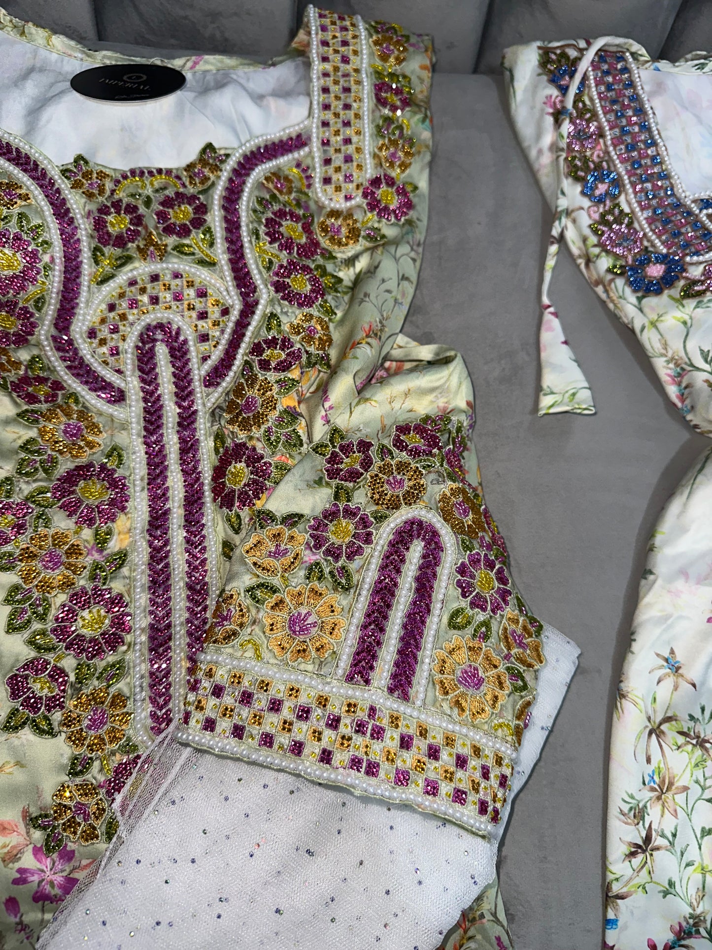 Pink, creamy, grey, green and white handmade mkhawar with corset