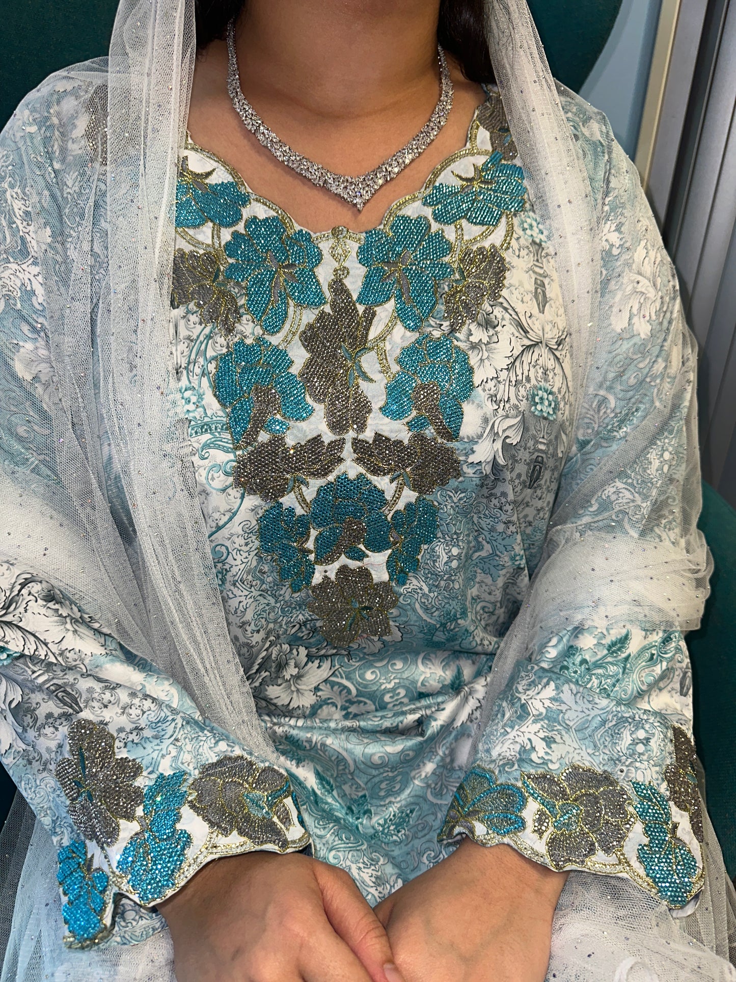 Olive green and blue mkhawar Indonesian silk