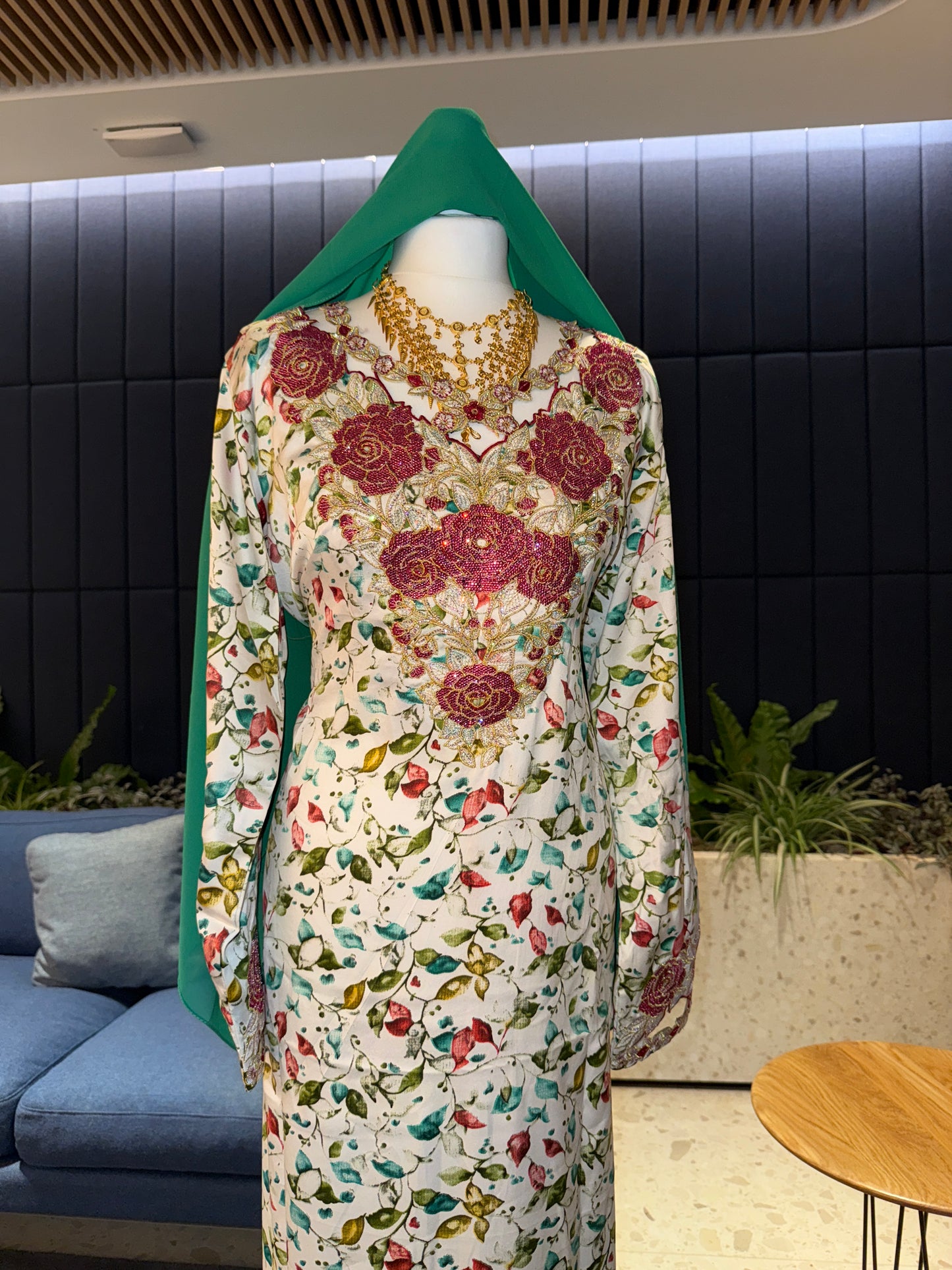 Green and white mukhawar with hijab