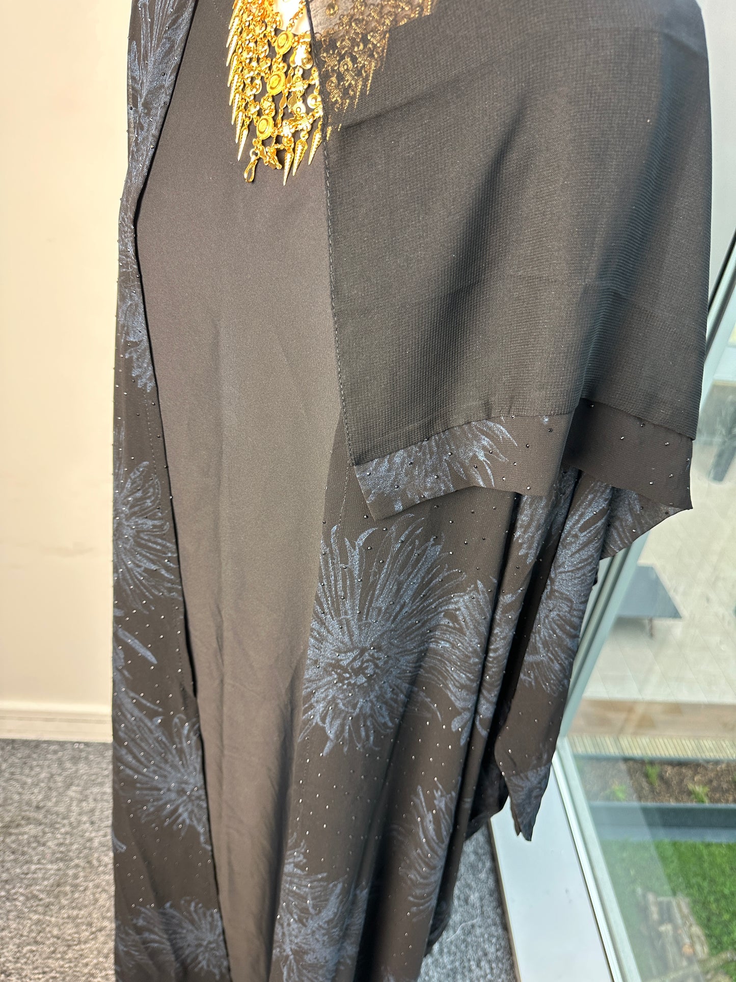 Blue leaf chiffon winged sleeve abaya with matching Sheila