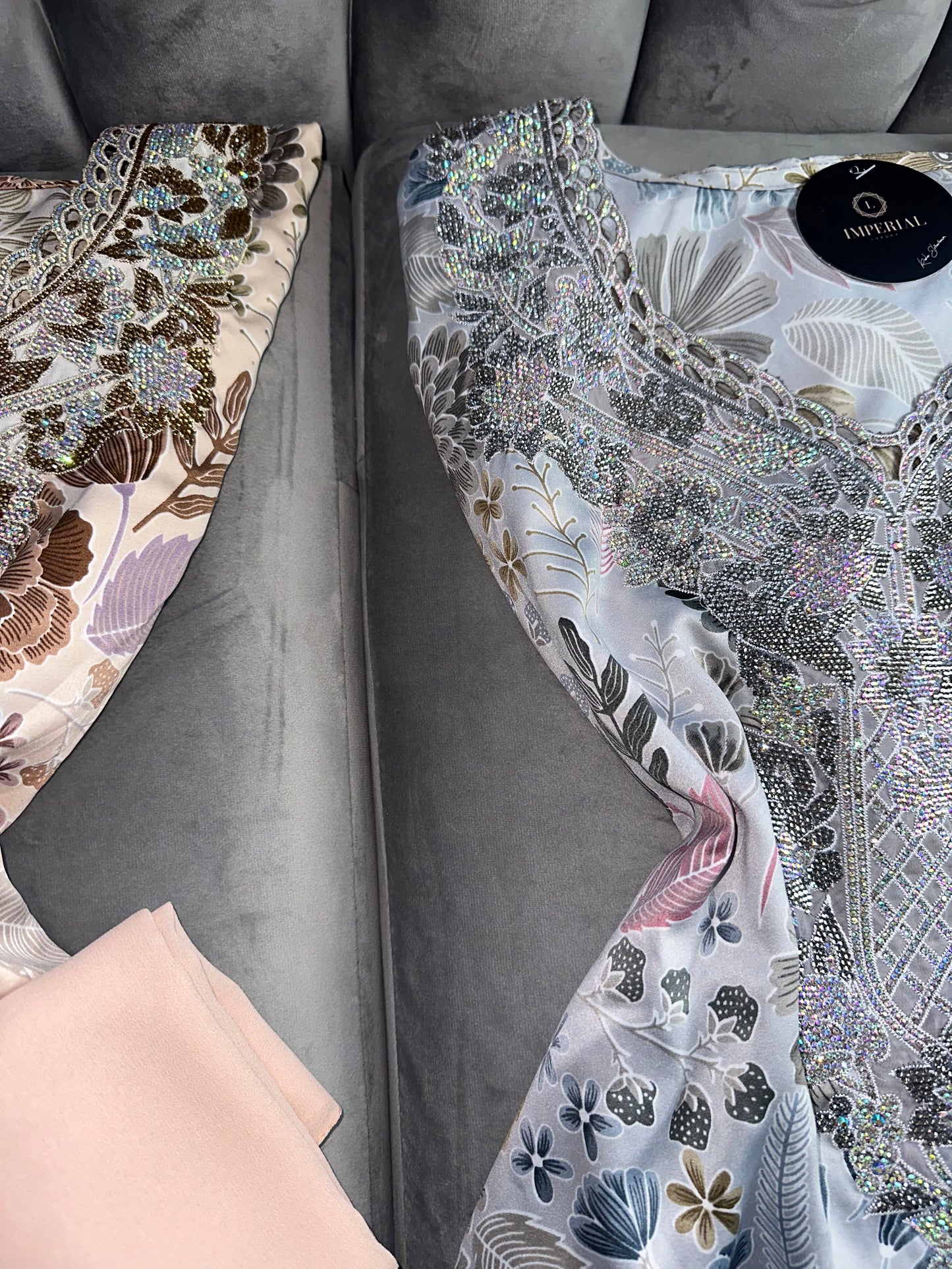 Green, grey, brown, blue and pink mkhawars with corset and matching Shiela