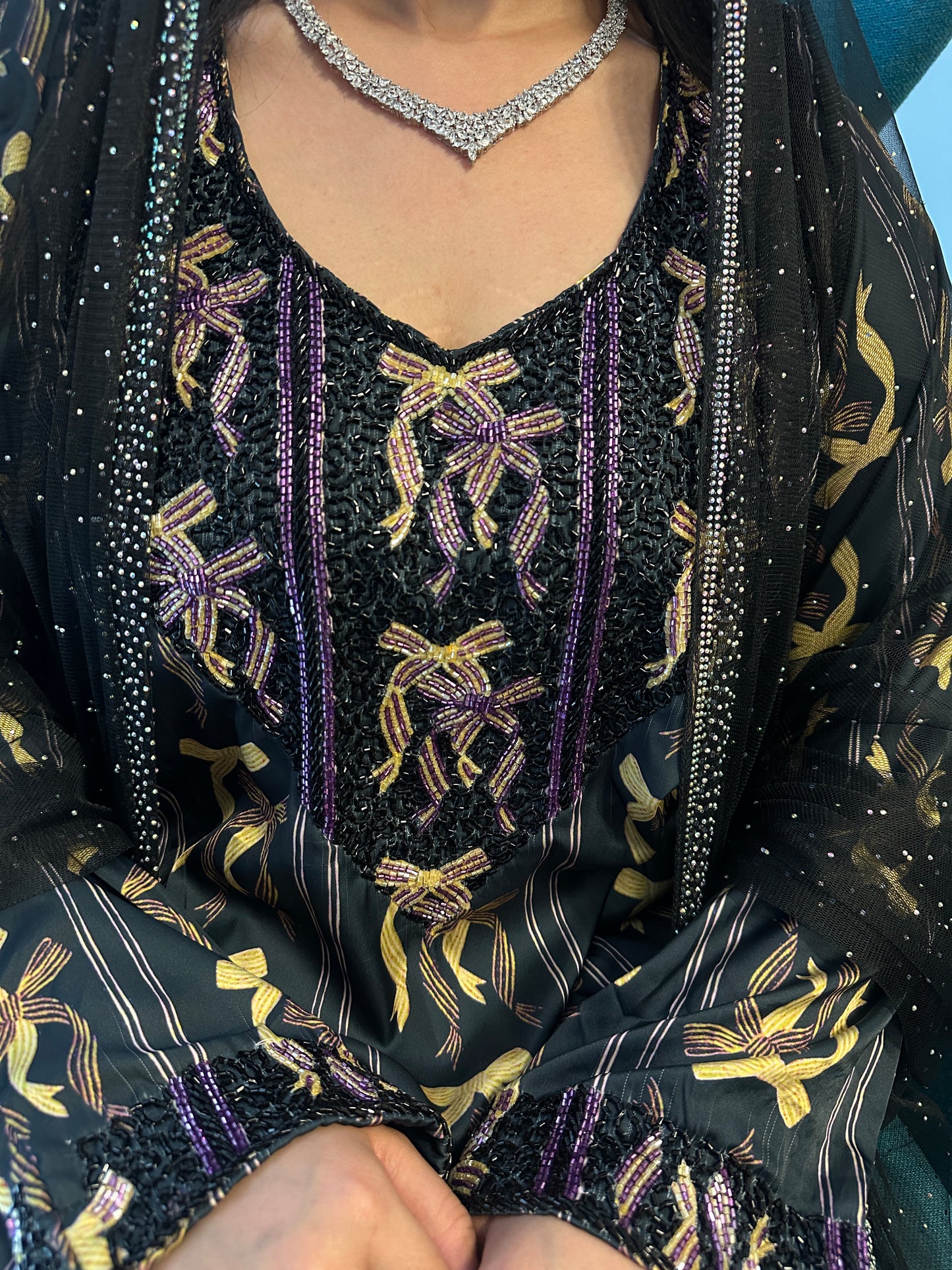 Black and purple mkhawar pure silk with back corset