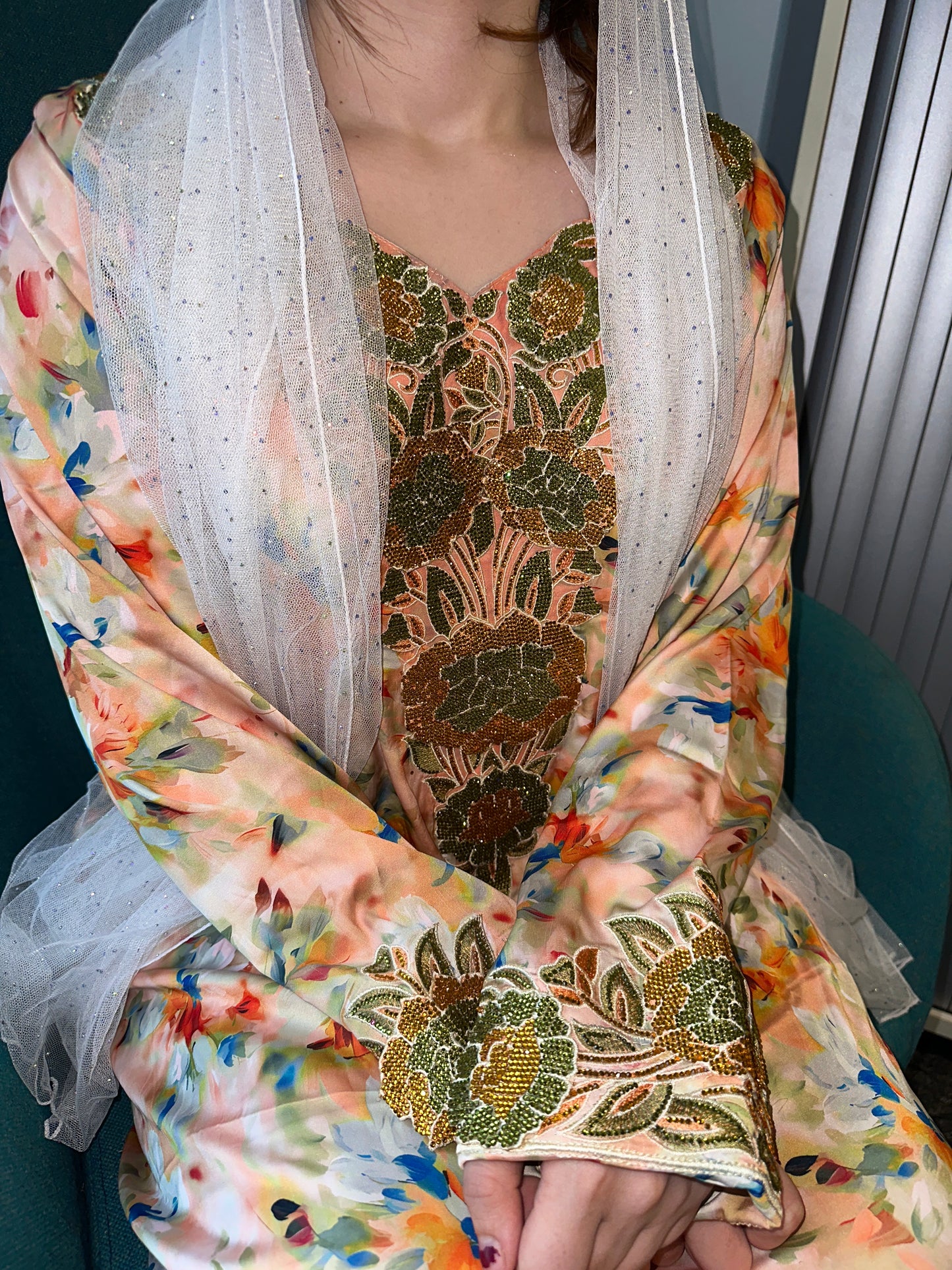 Green and orange mkhawar pure silk