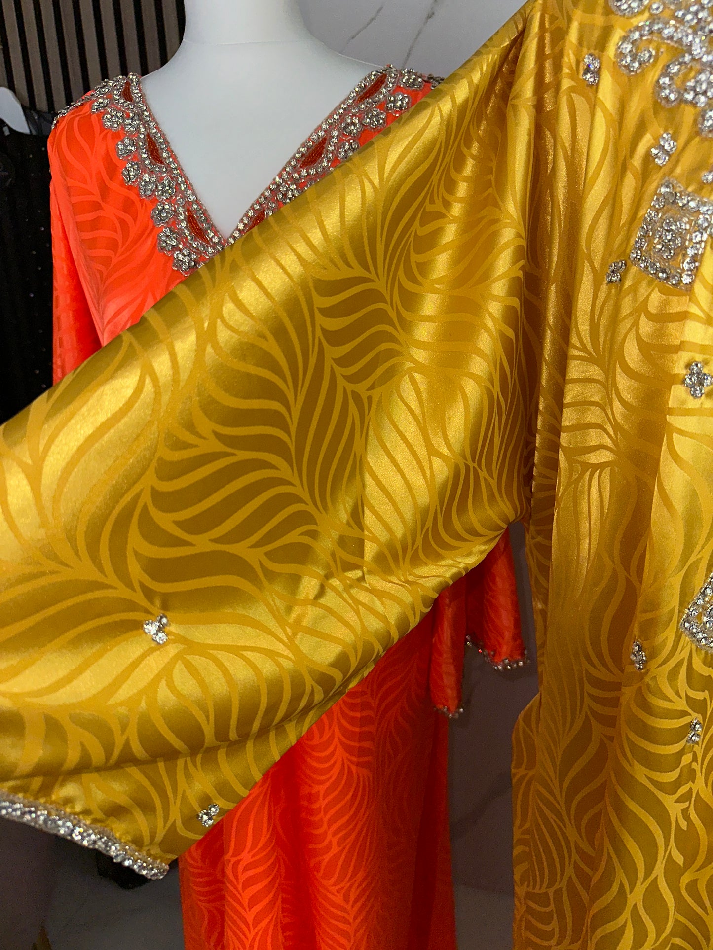 Mustard yellow mkhawar large sleeves handmade work