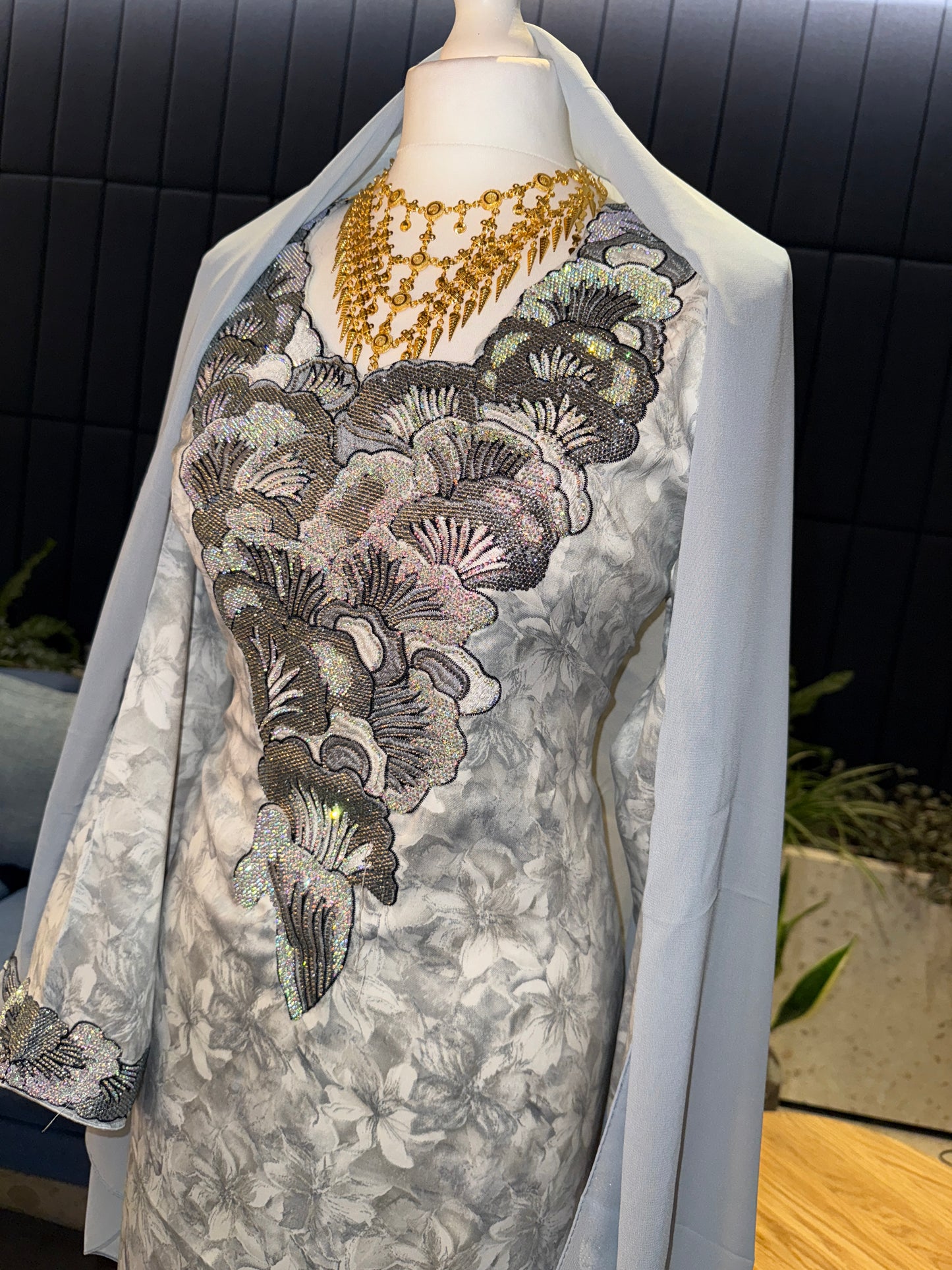 Grey mukhawar with hijab and corset back