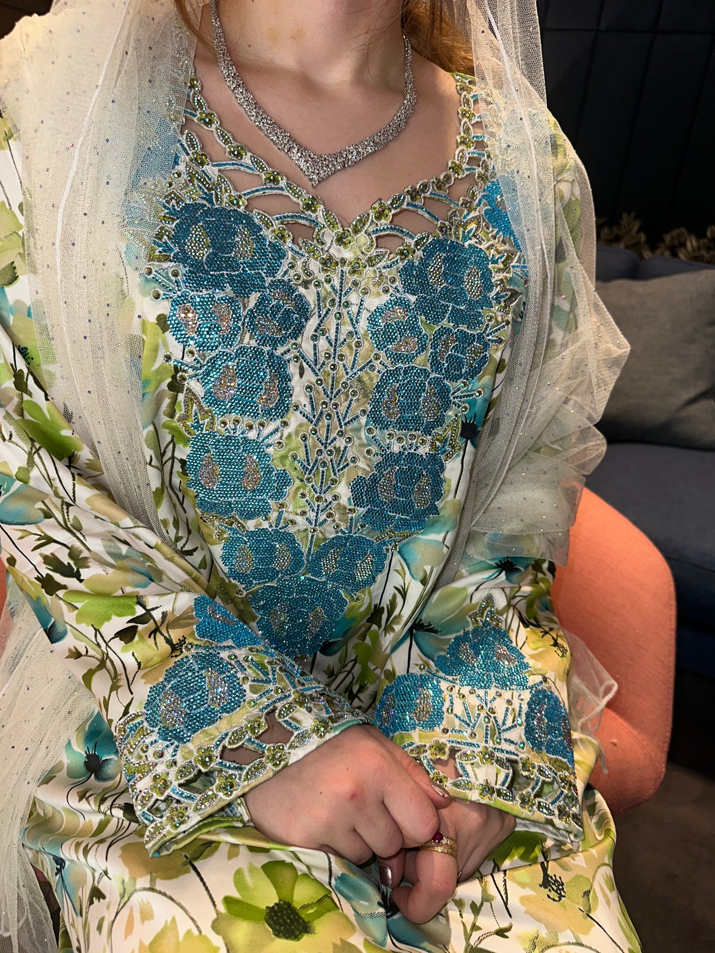 Pink, green. Turquoise and orange mukhawar