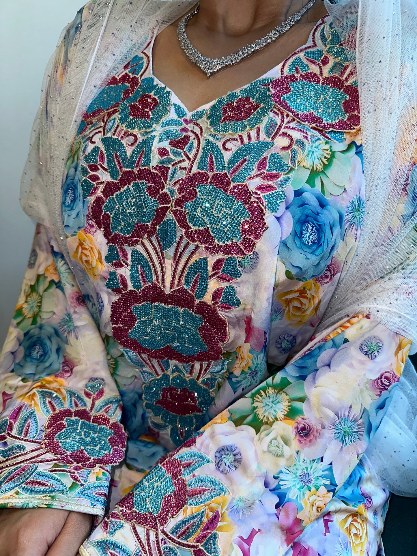 Floral with purple and blue pure silk mkhawar