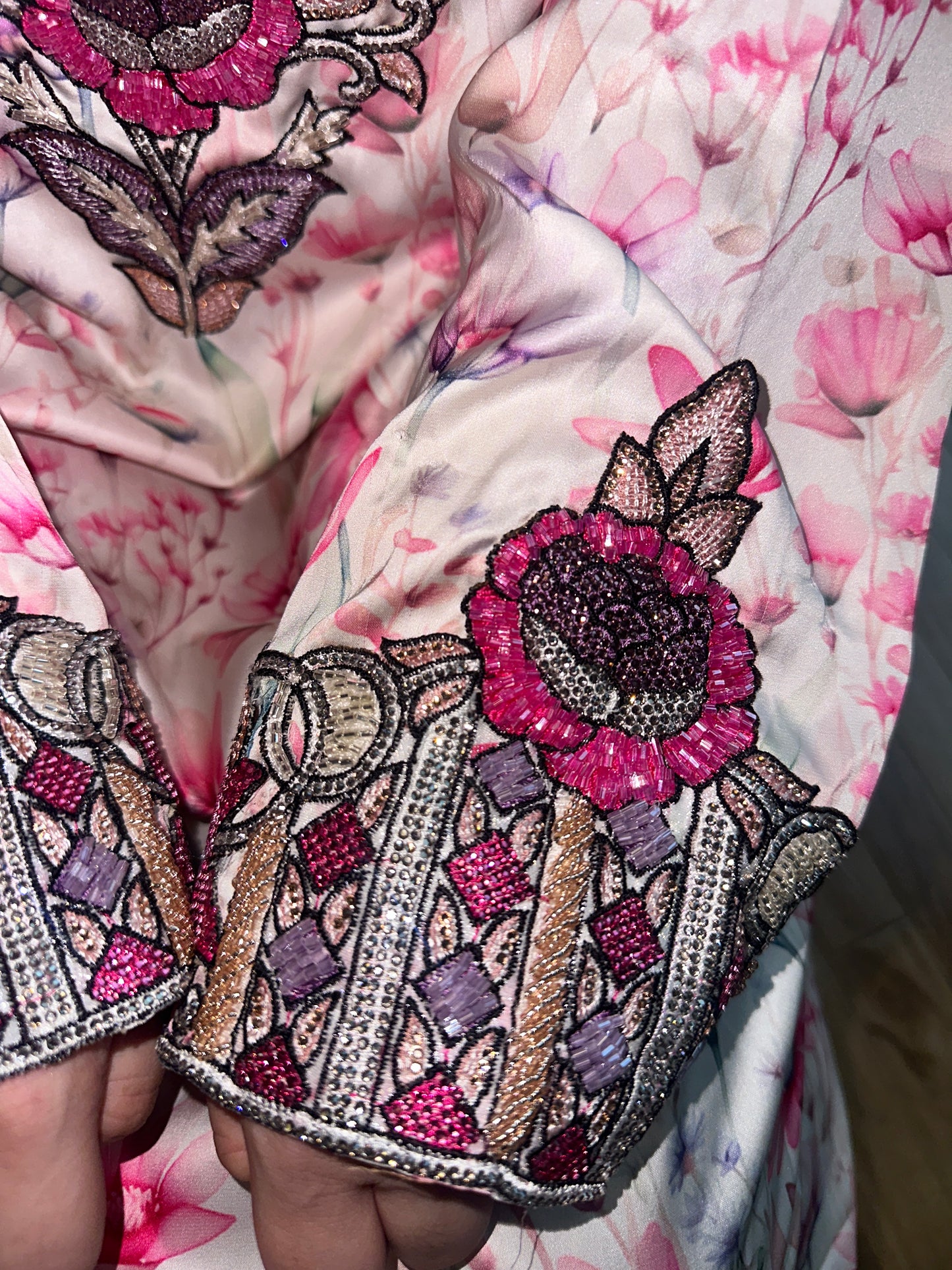 Pink floral beaded pure silk mkhawar, with corset back