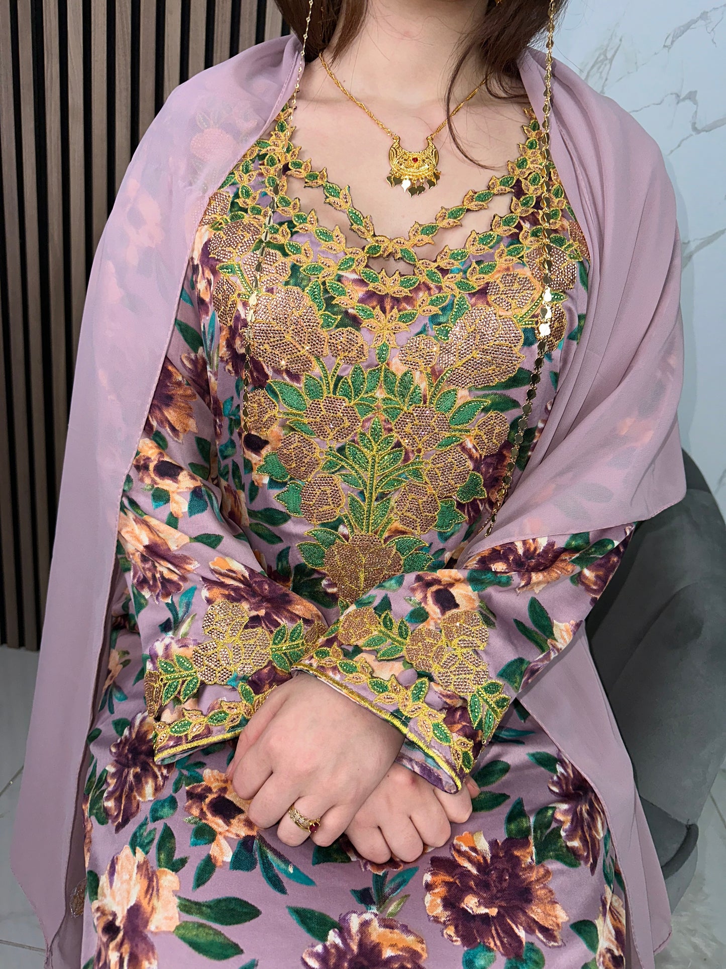 Purple mkharram mukhawar dress with matching Shiela