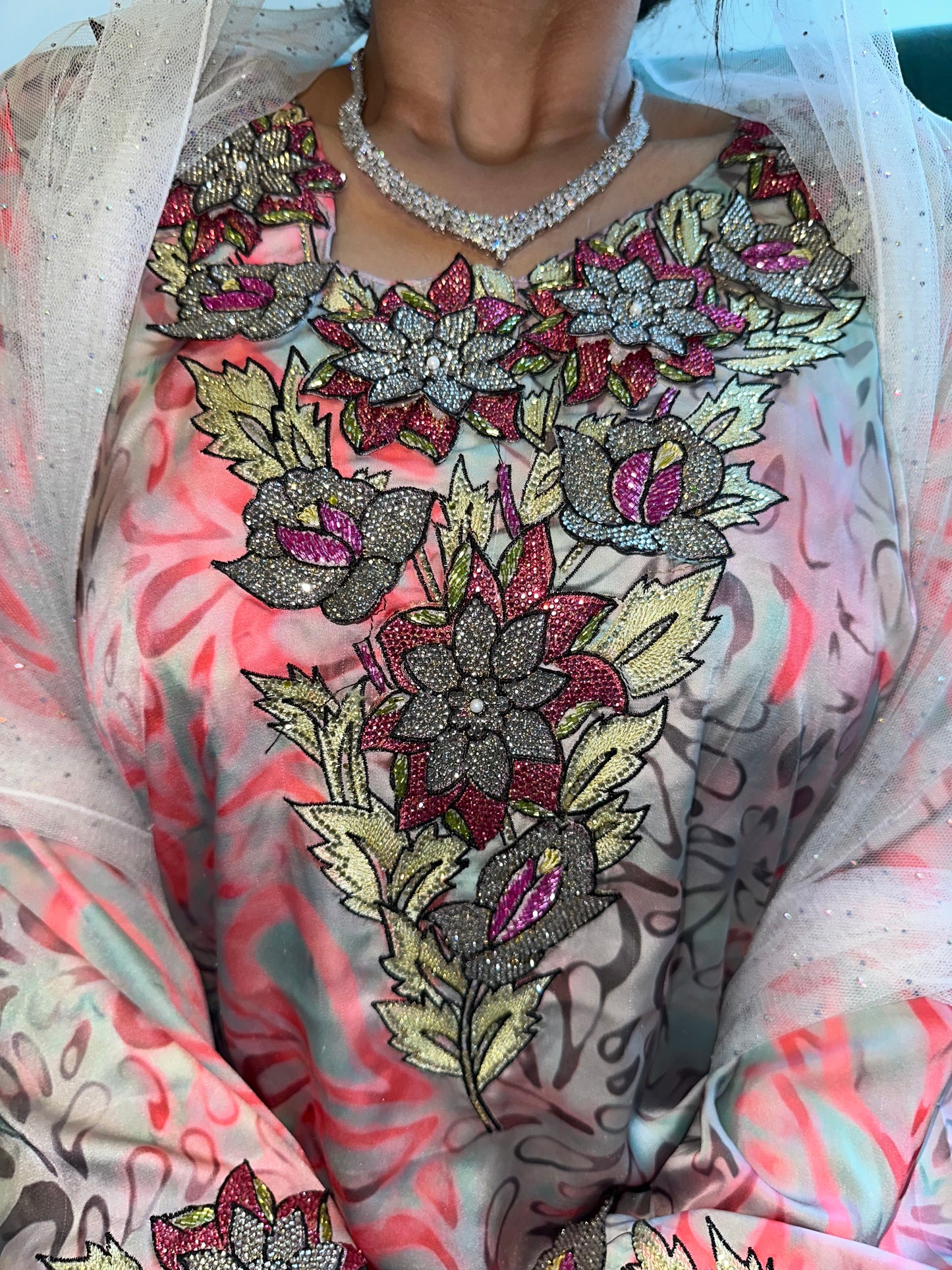 Pink and grey pure silk 3D mkhawar