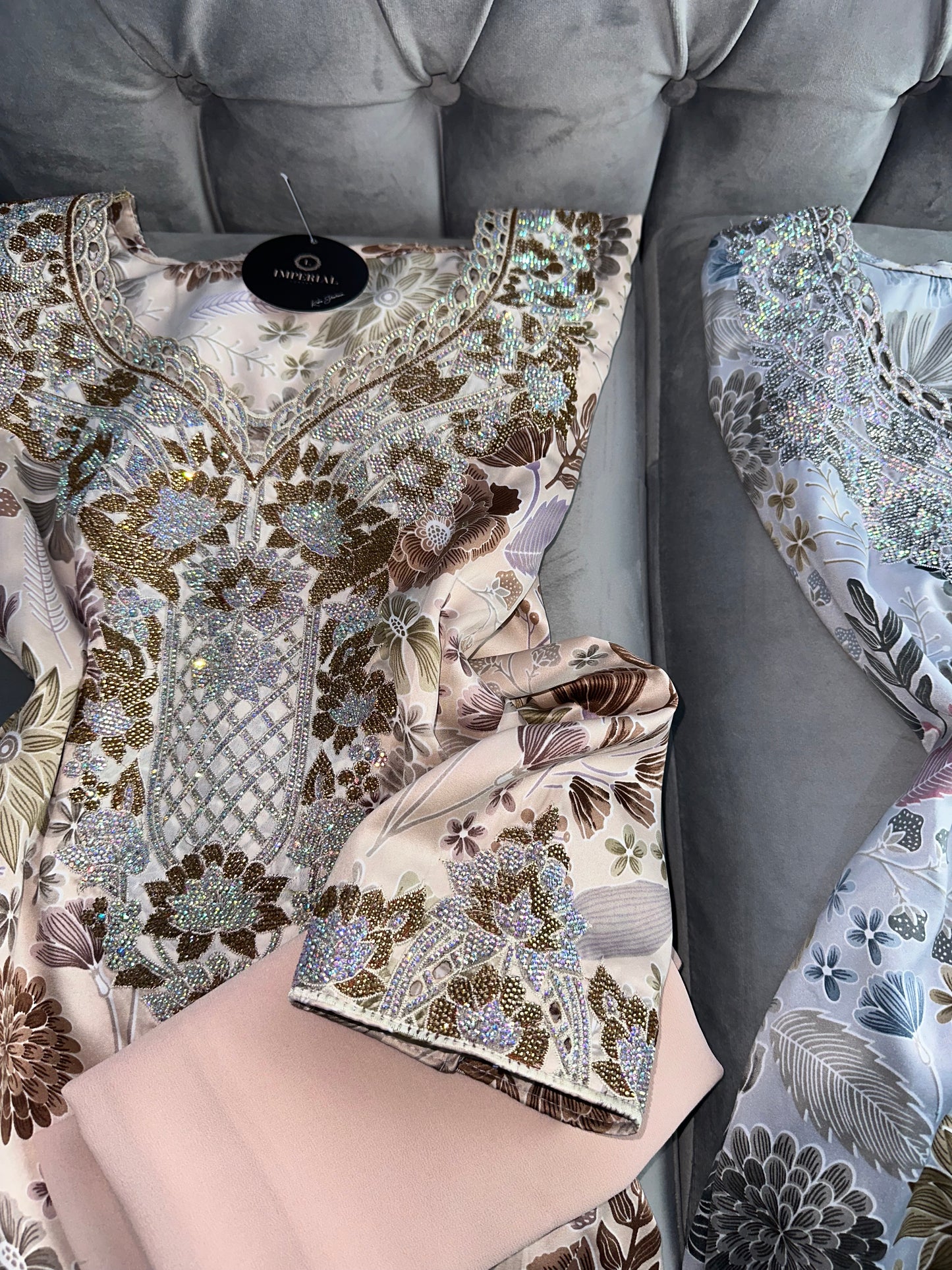 Green, grey, brown, blue and pink mkhawars with corset and matching Shiela