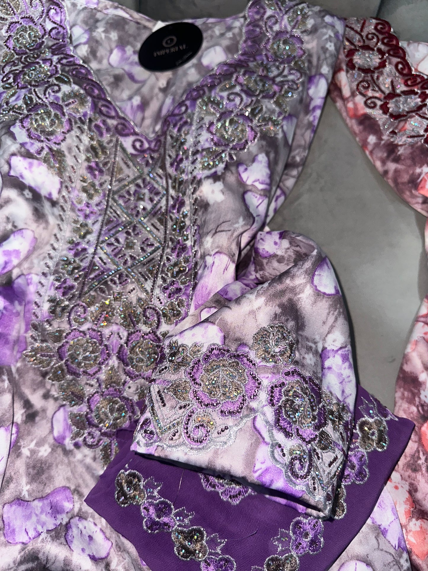 Purple, green, turquoise, red and orange mkhawar with matching Shiela and back corset