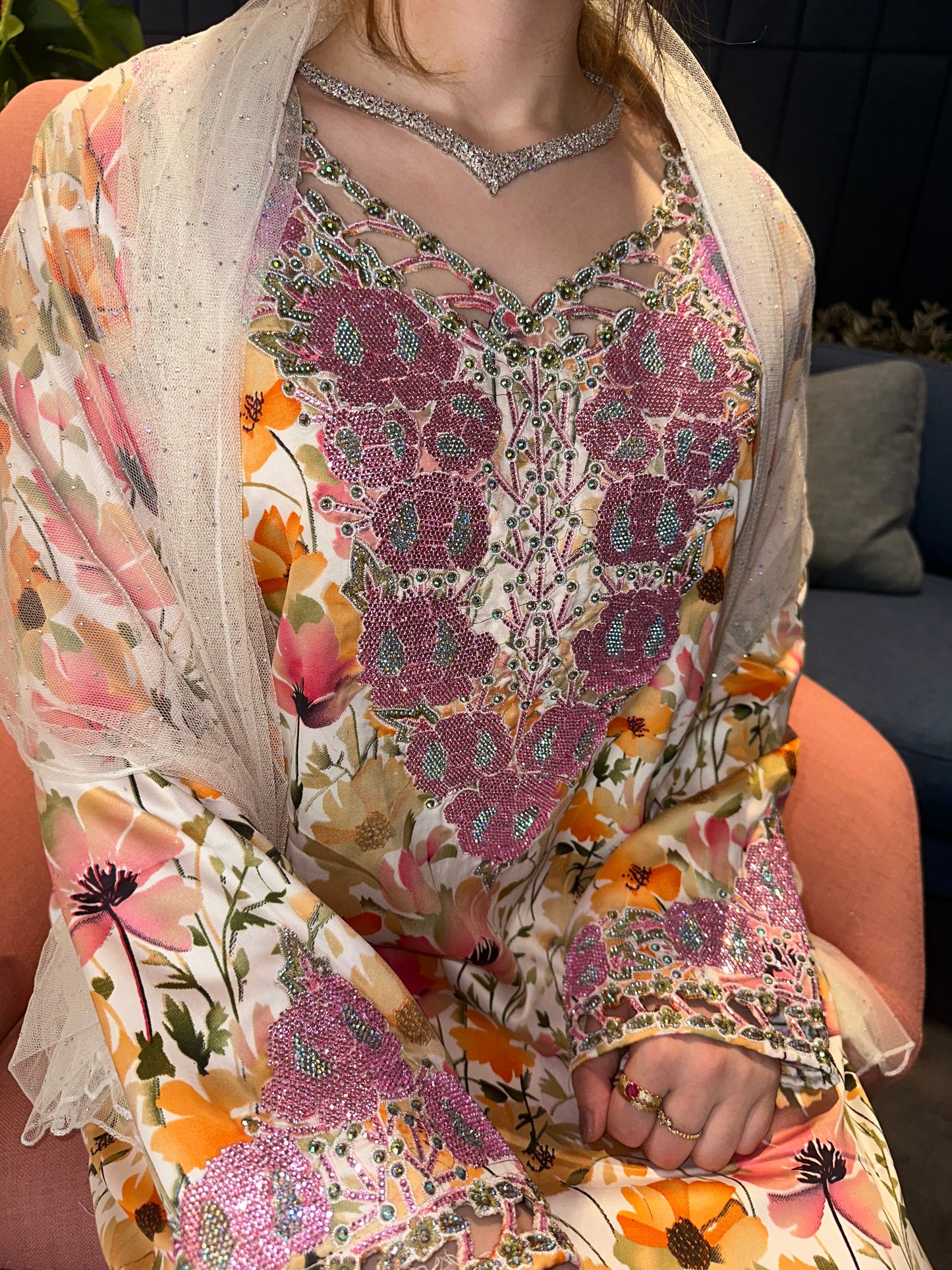Pink, green. Turquoise and orange mukhawar