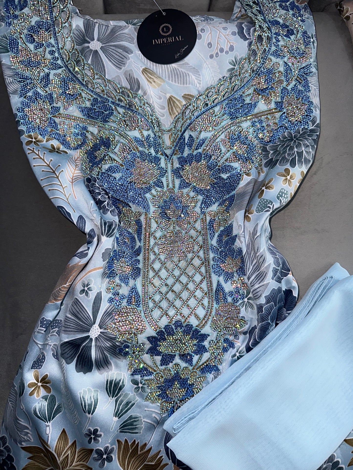 Green, grey, brown, blue and pink mkhawars with corset and matching Shiela