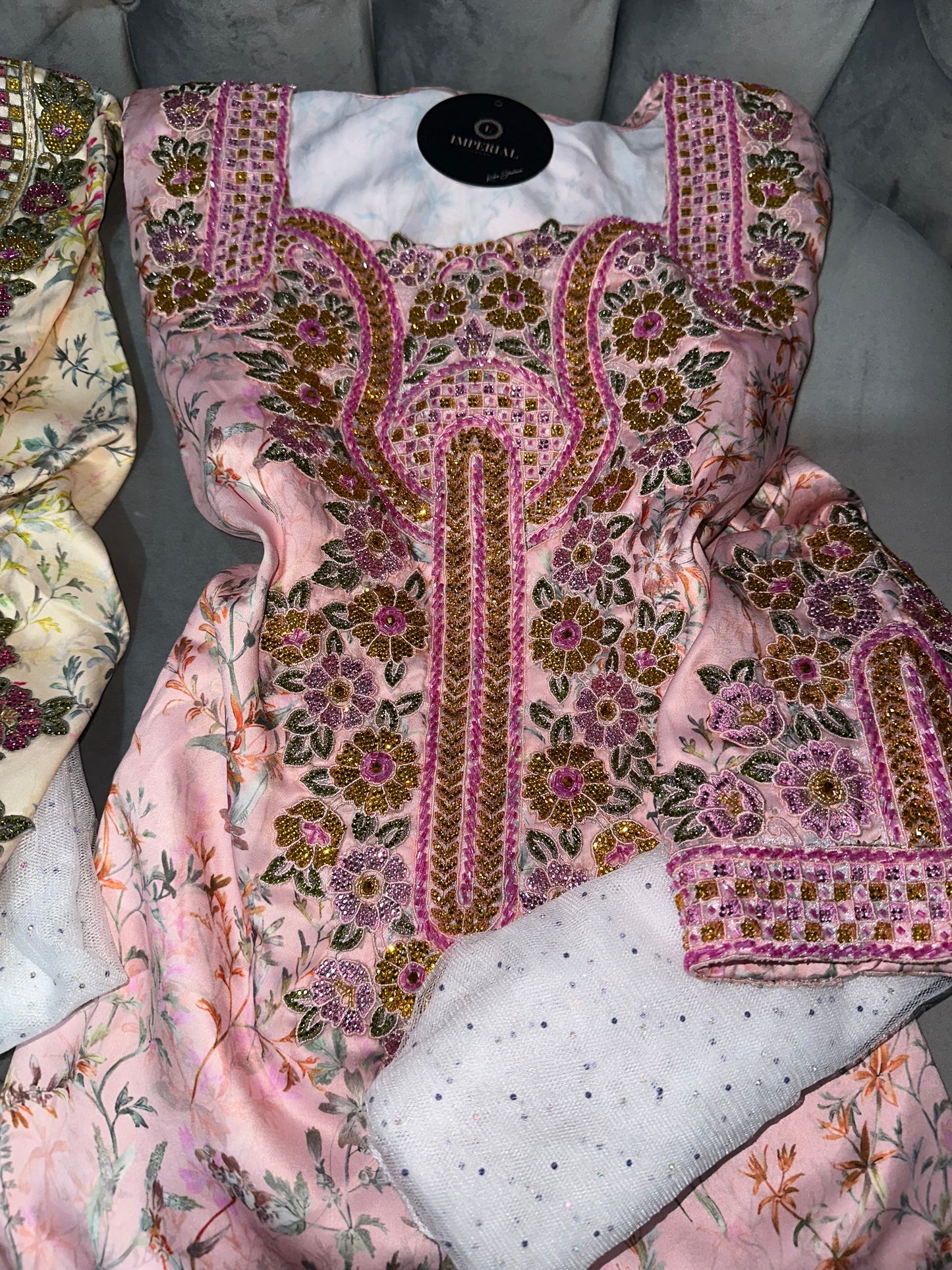 Pink, creamy, grey, green and white handmade mkhawar with corset back and chiffon Shiela
