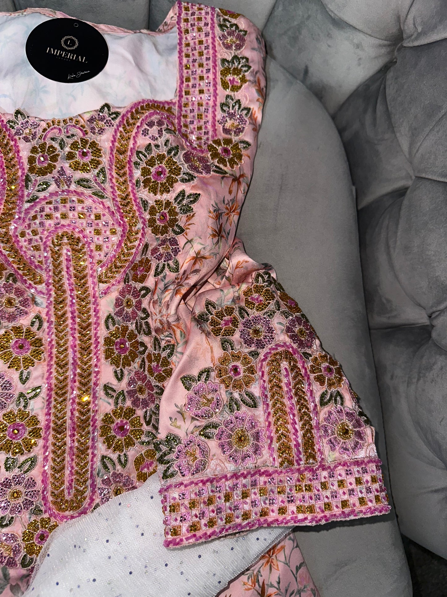 Pink, creamy, grey, green and white handmade mkhawar with corset back and chiffon Shiela