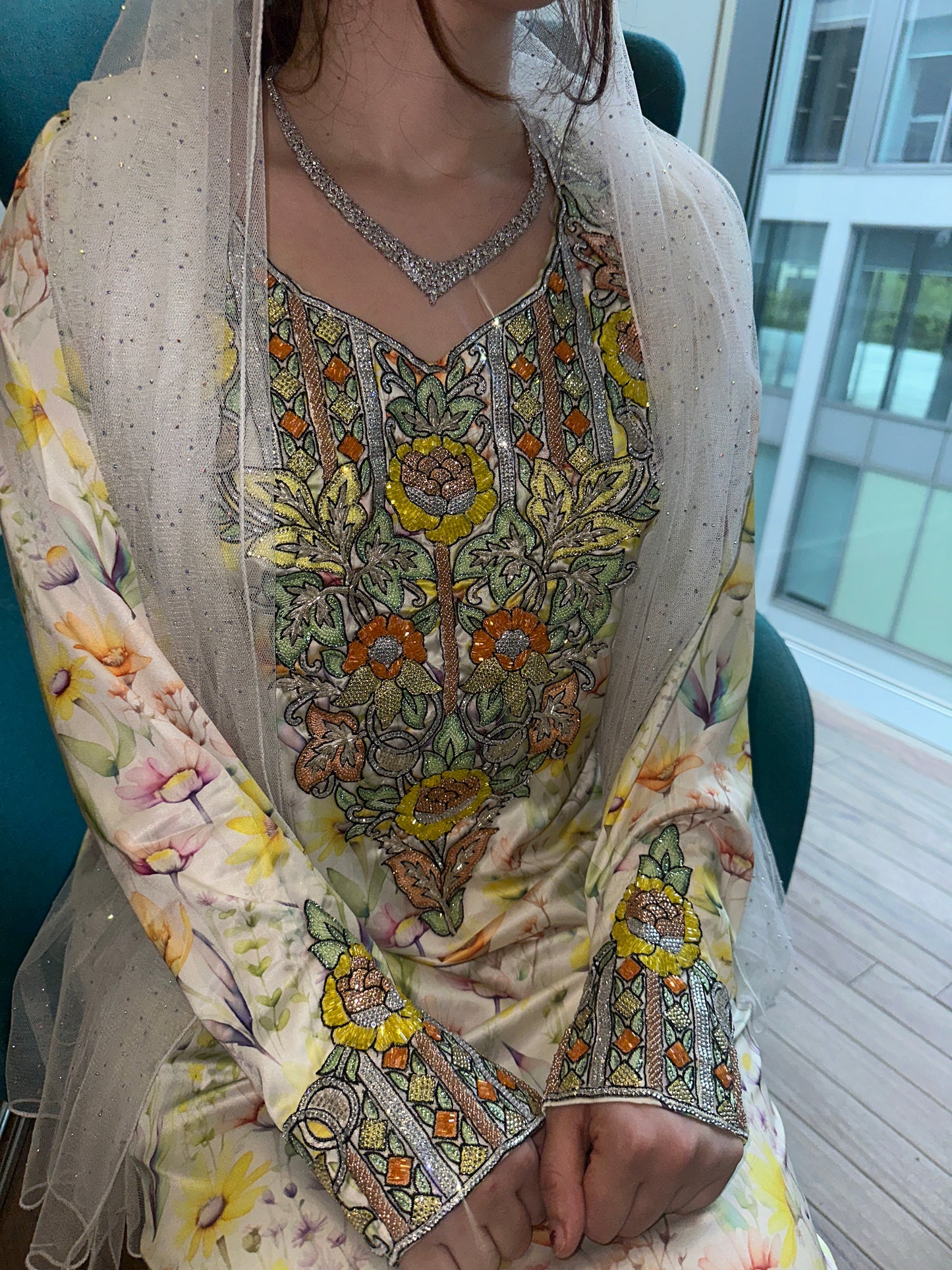 Yellow floral beaded pure silk mkhawar with back corset