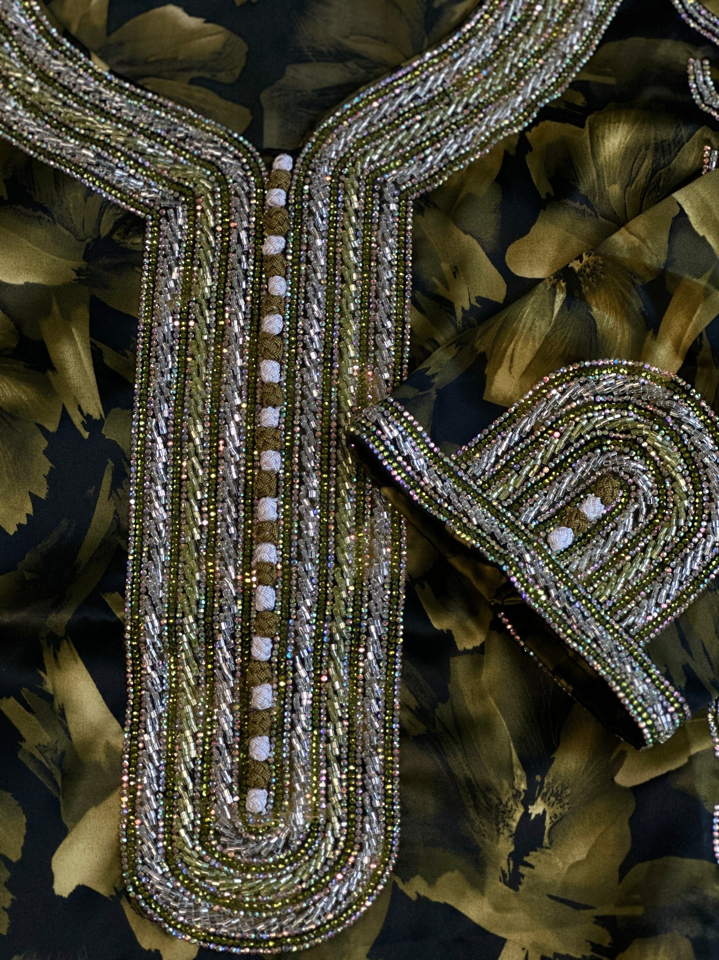 Pure silk beaded mkhawar Moroccan kaftan style with corset back and black Shiela