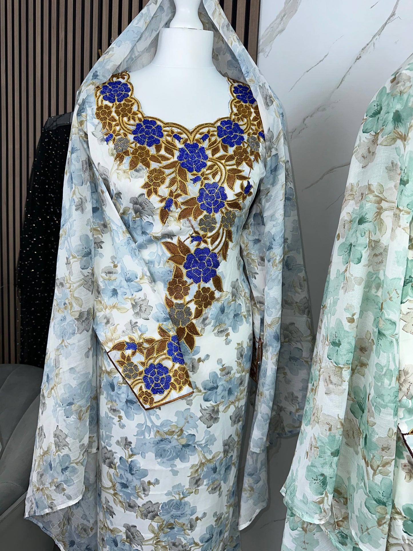Blue mkhawar with matching Sheila and Arabic sleeves