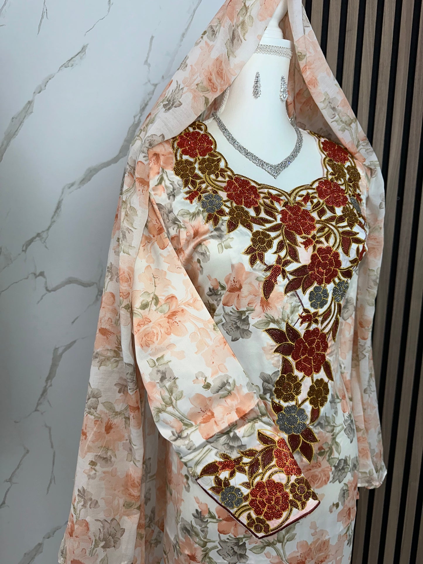 Orange and white mukhawar with matching Sheila and Arabic sleeves
