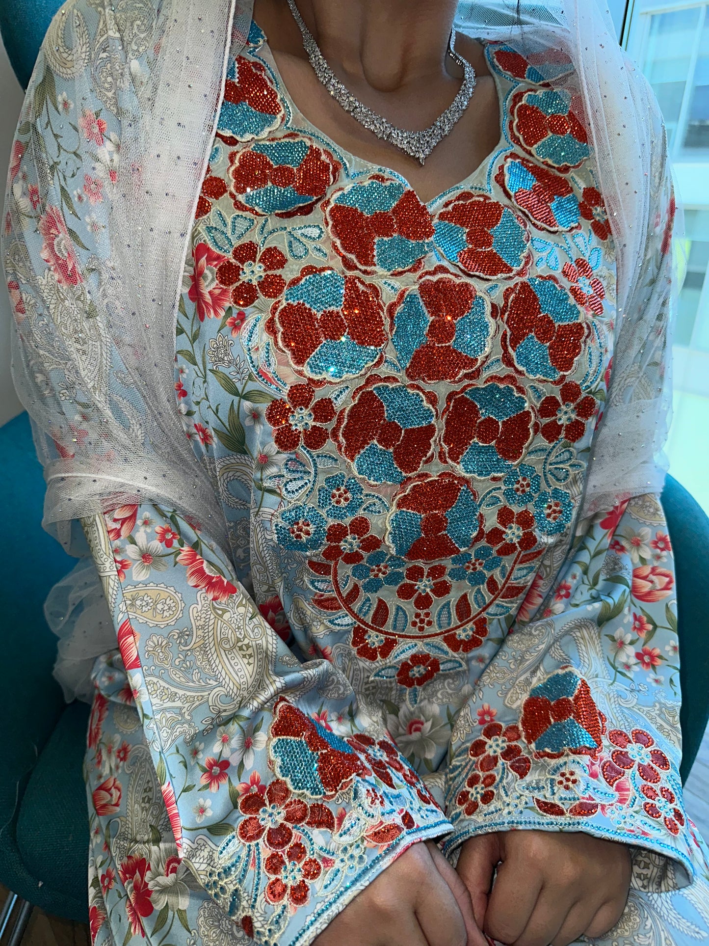Blue and red pure silk mkhawar