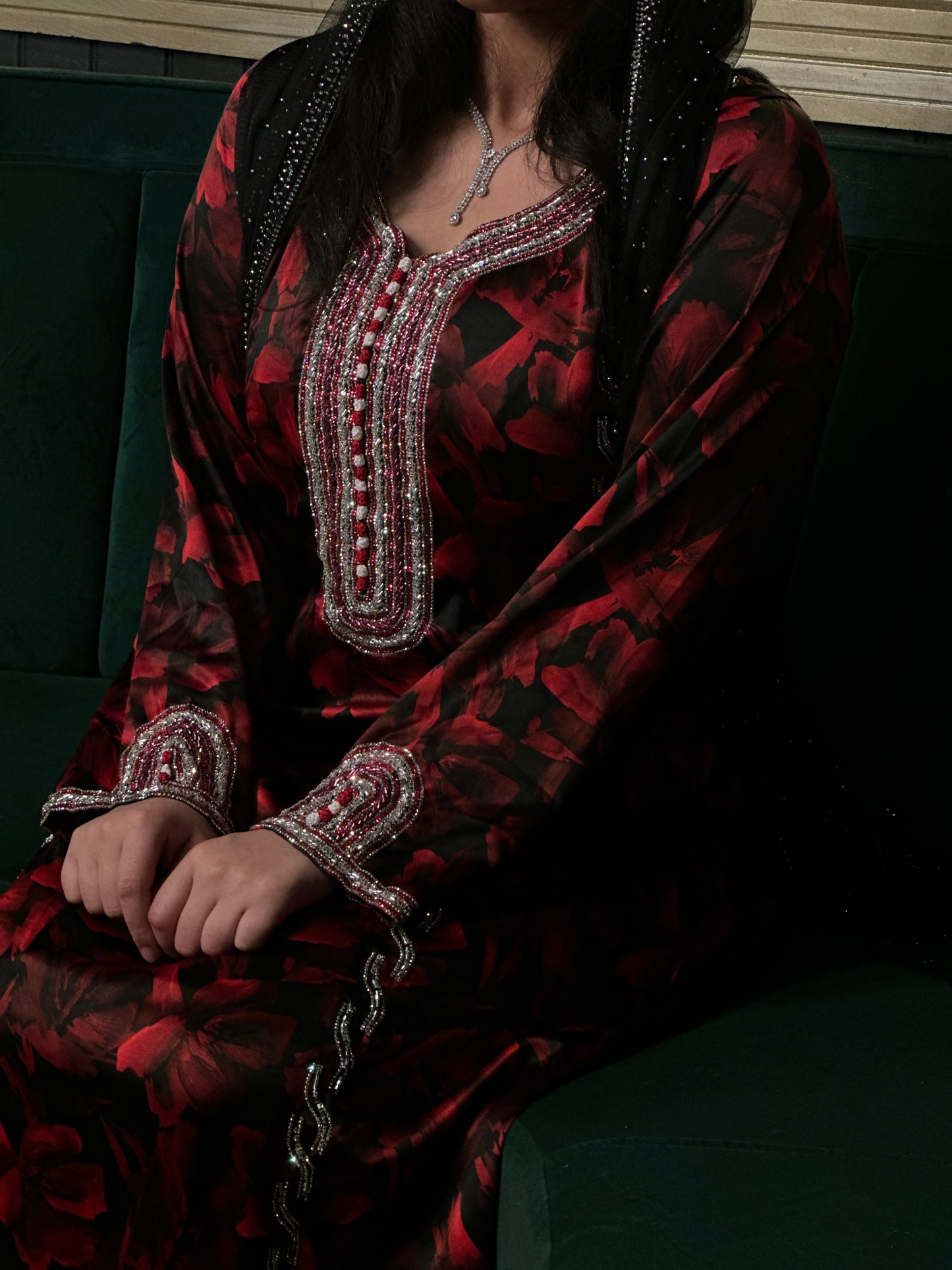 Pure silk beaded mkhawar Moroccan kaftan style with corset back and black Shiela