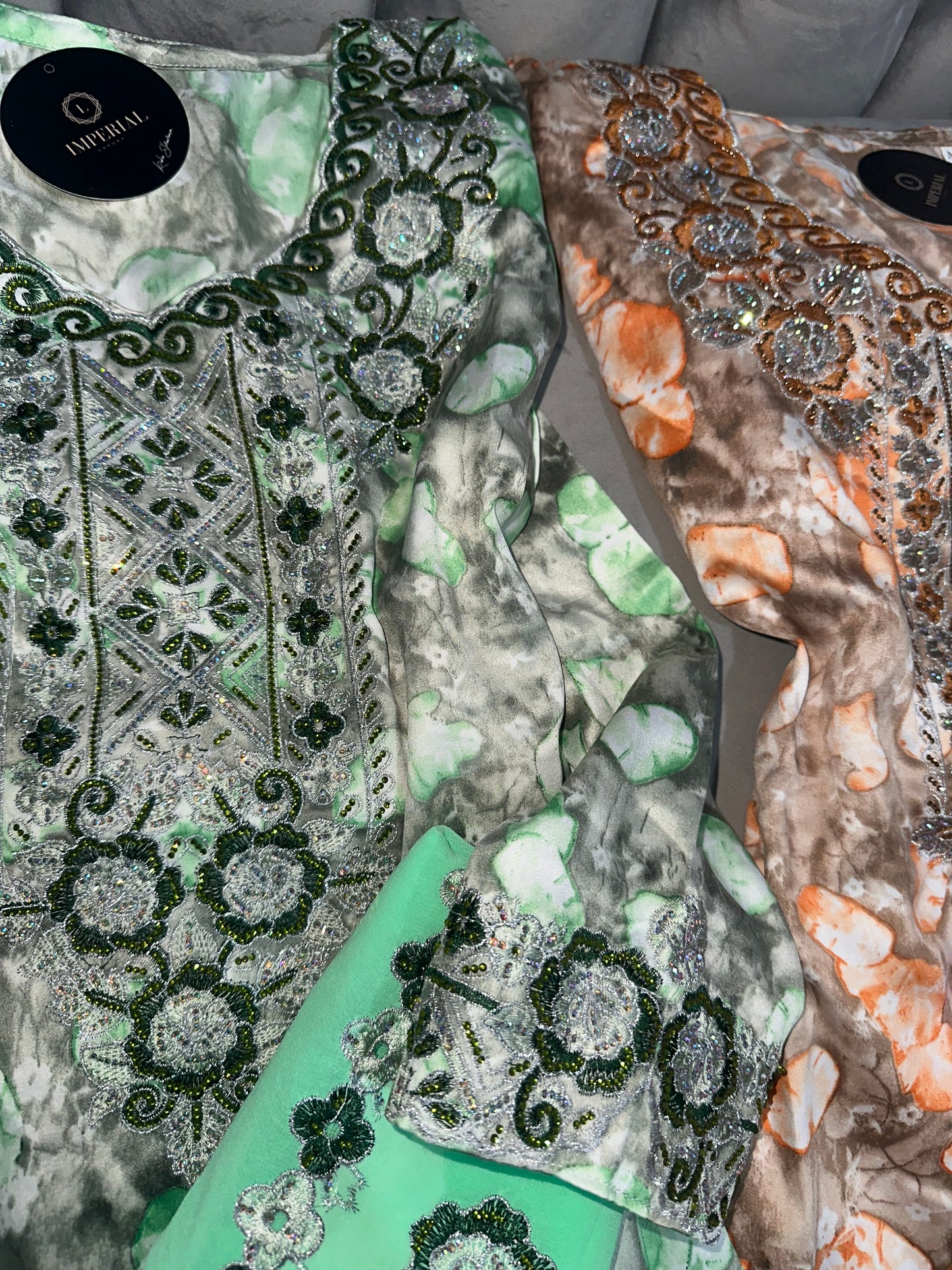 Purple, green, turquoise, red and orange mkhawar with matching Shiela and back corset