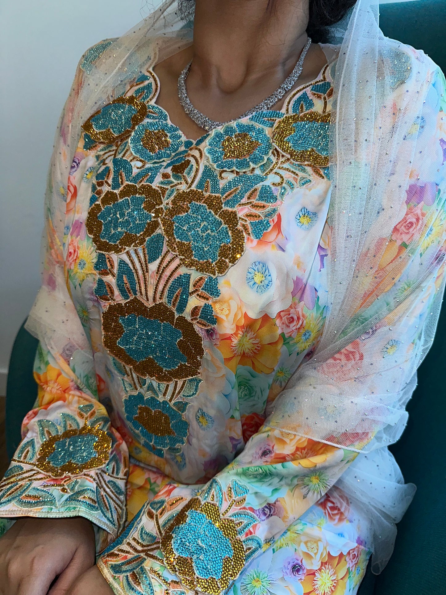 Orange flowers with blue and gold pure silk mkhawar 3D