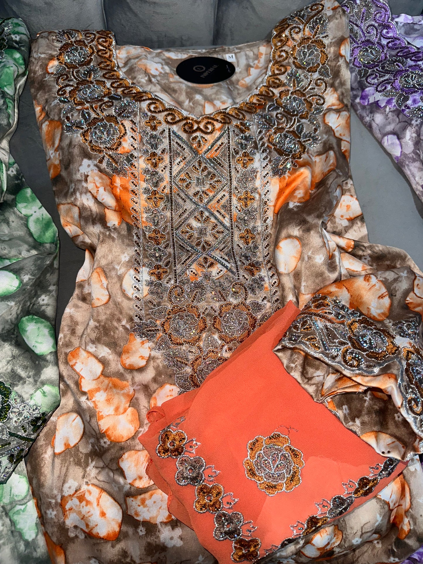 Purple, green, turquoise, red and orange mkhawar with matching Shiela and back corset