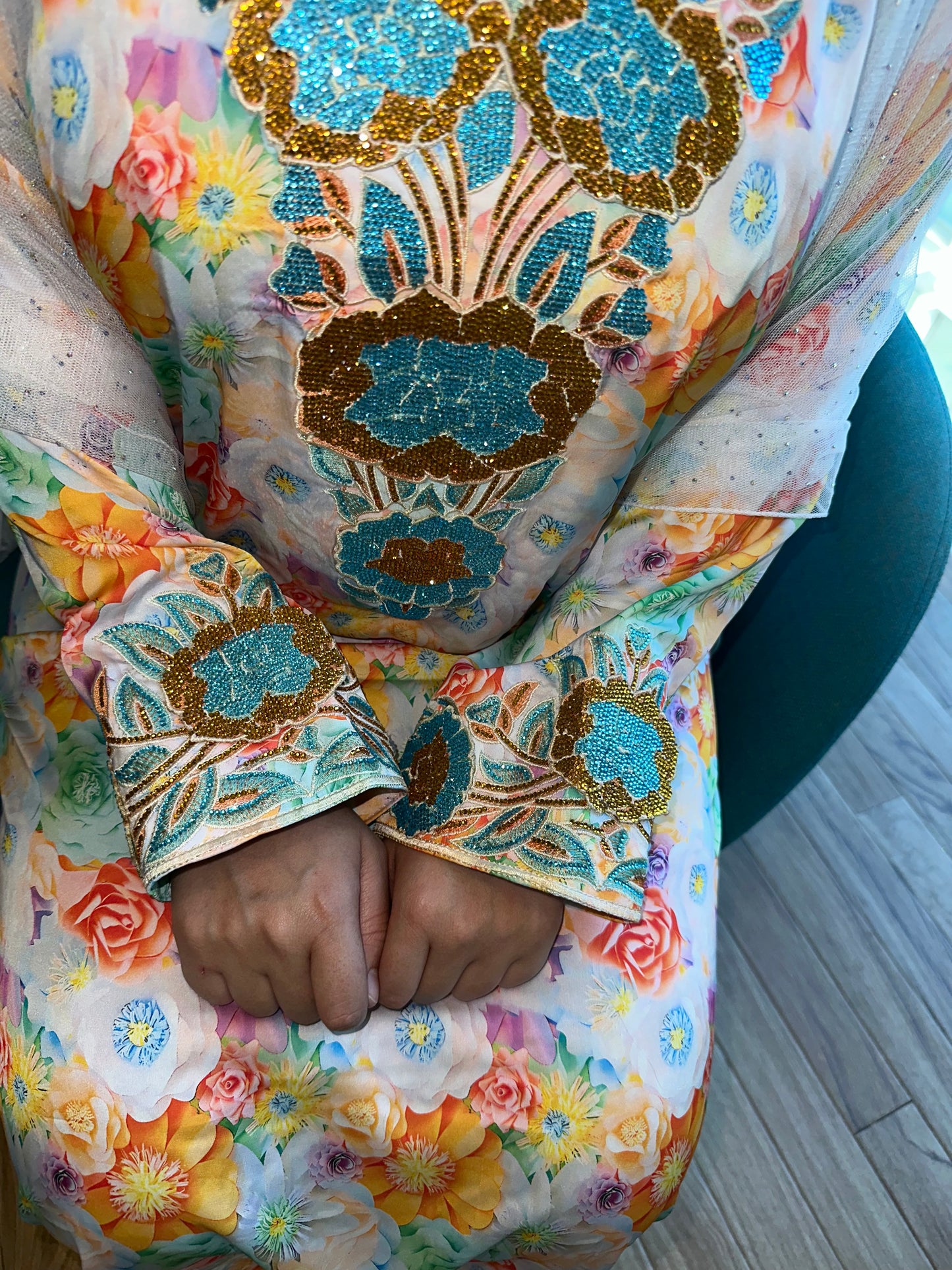 Orange flowers with blue and gold pure silk mkhawar 3D