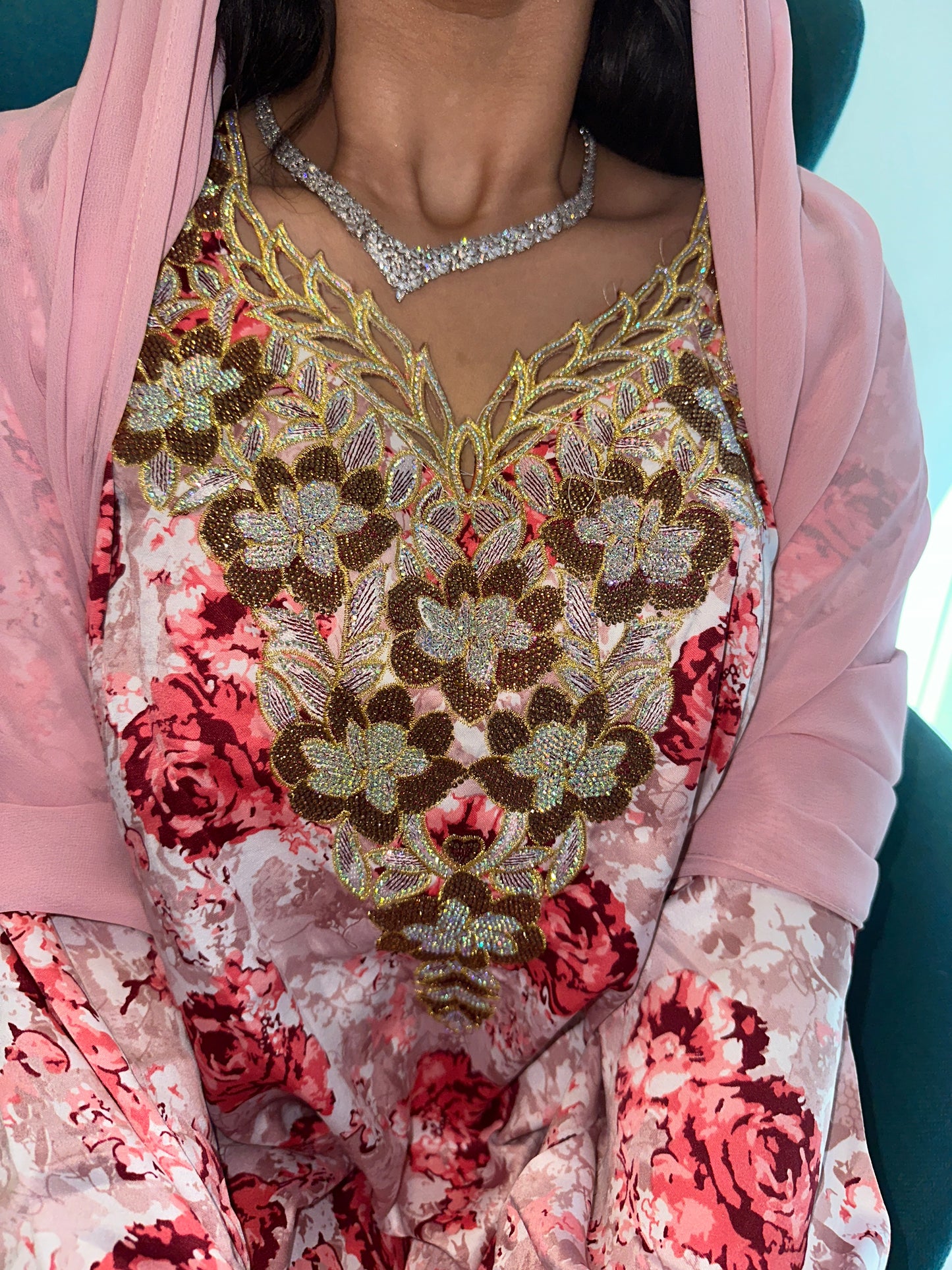 Pink and red mkhawar with matching Shiela