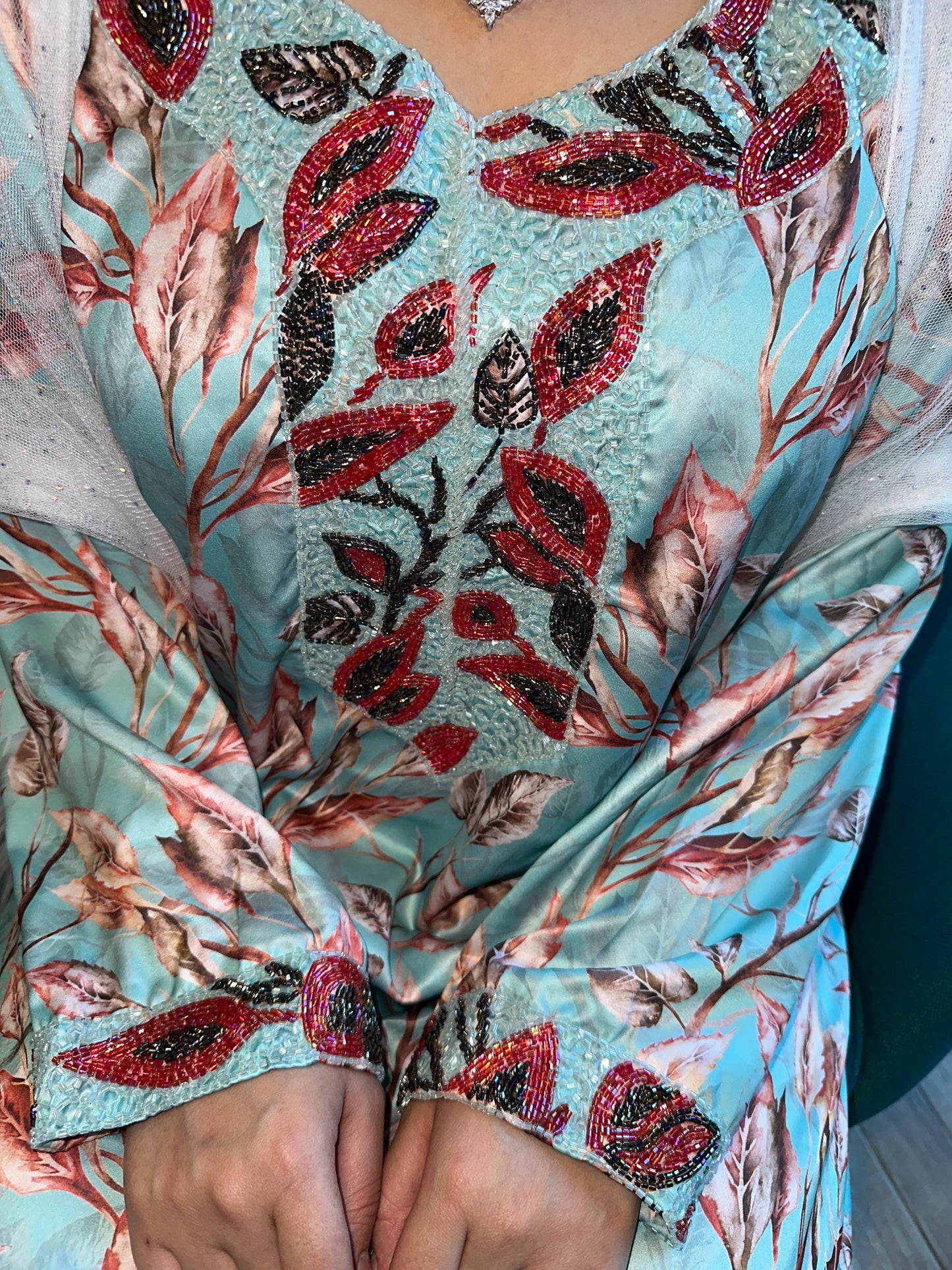 Beaded turquoise mkhawar with corset back
