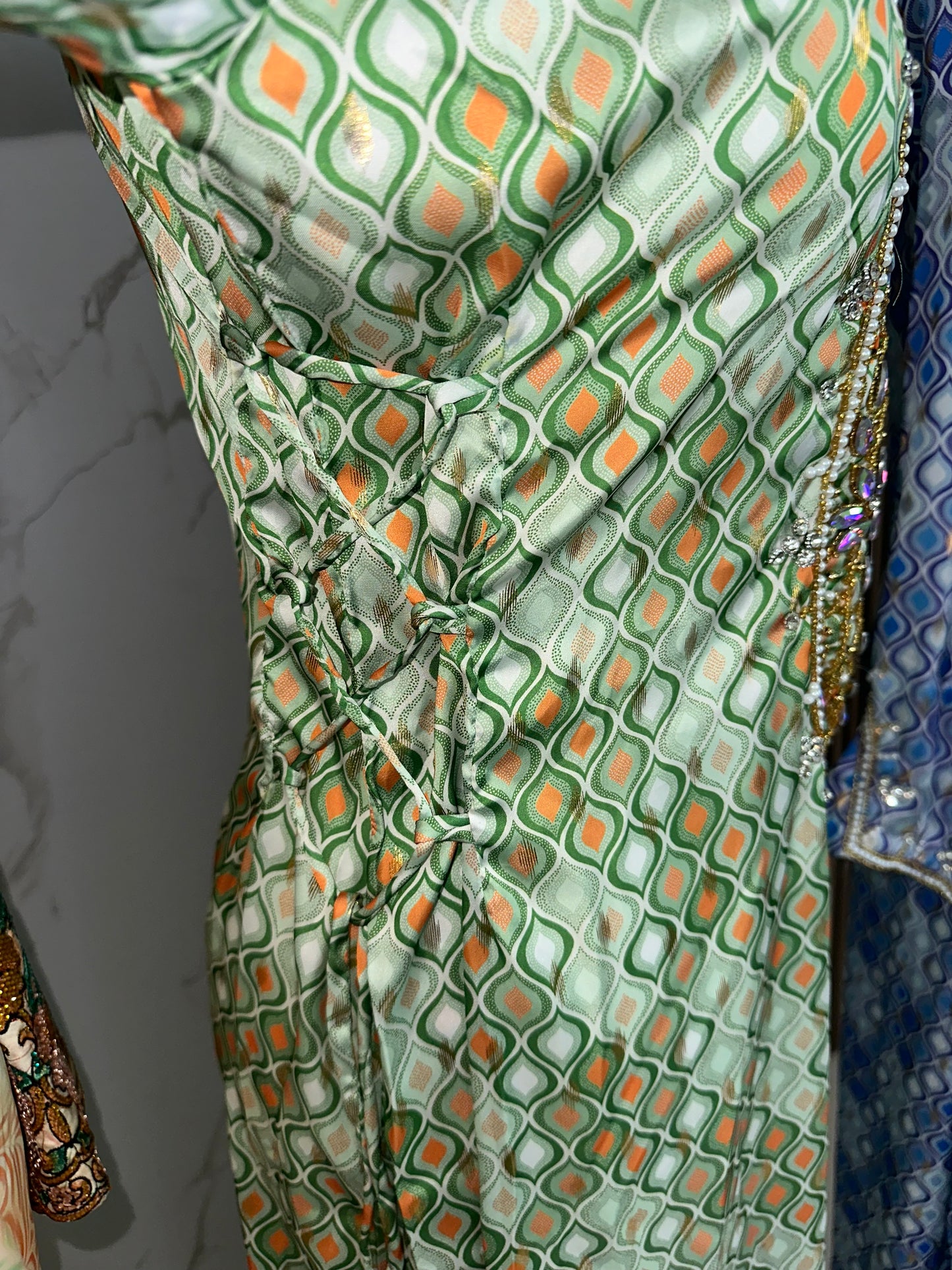 Green mkhawar pure silk corset at both sides