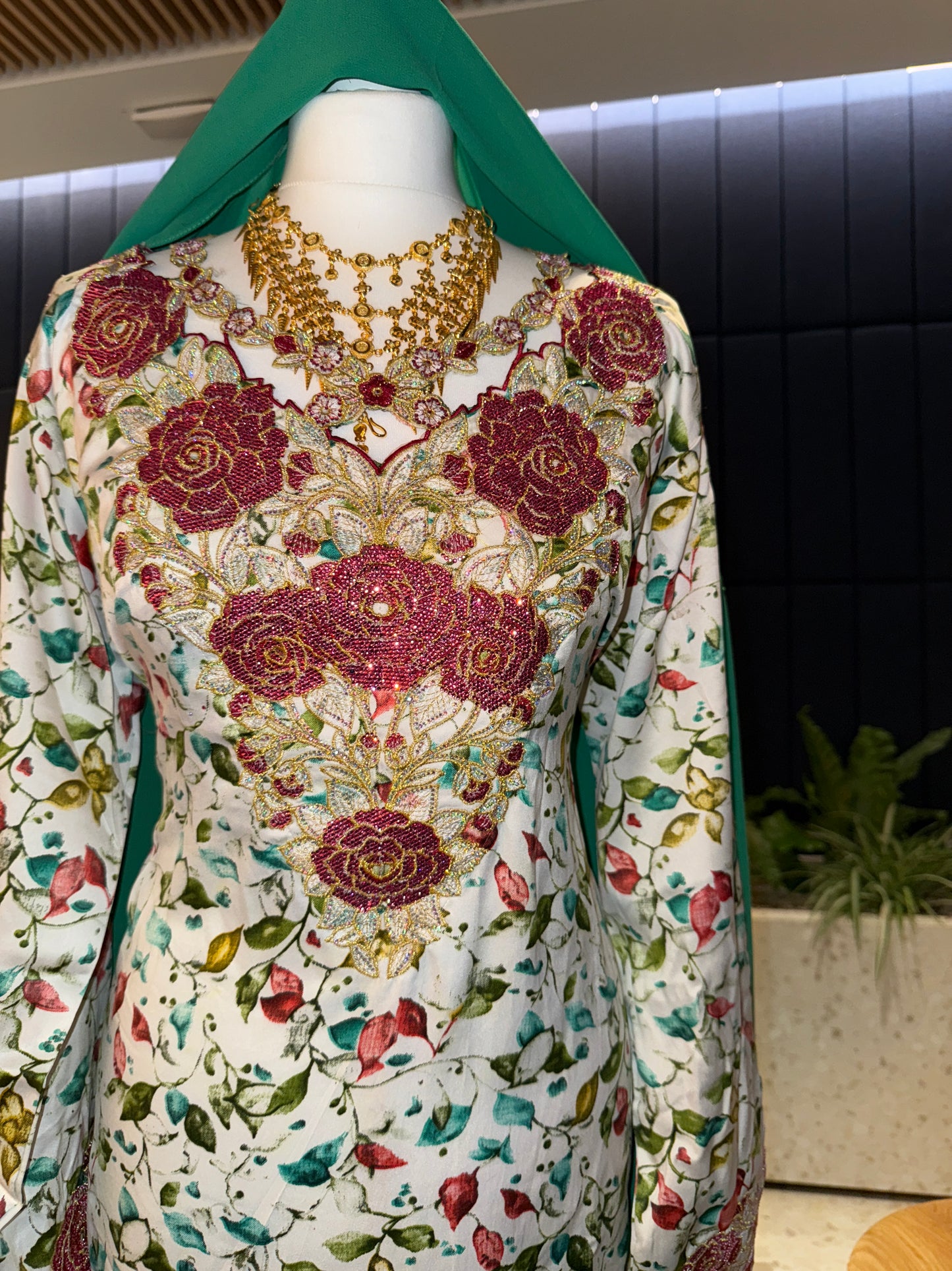 Green and white mukhawar with hijab