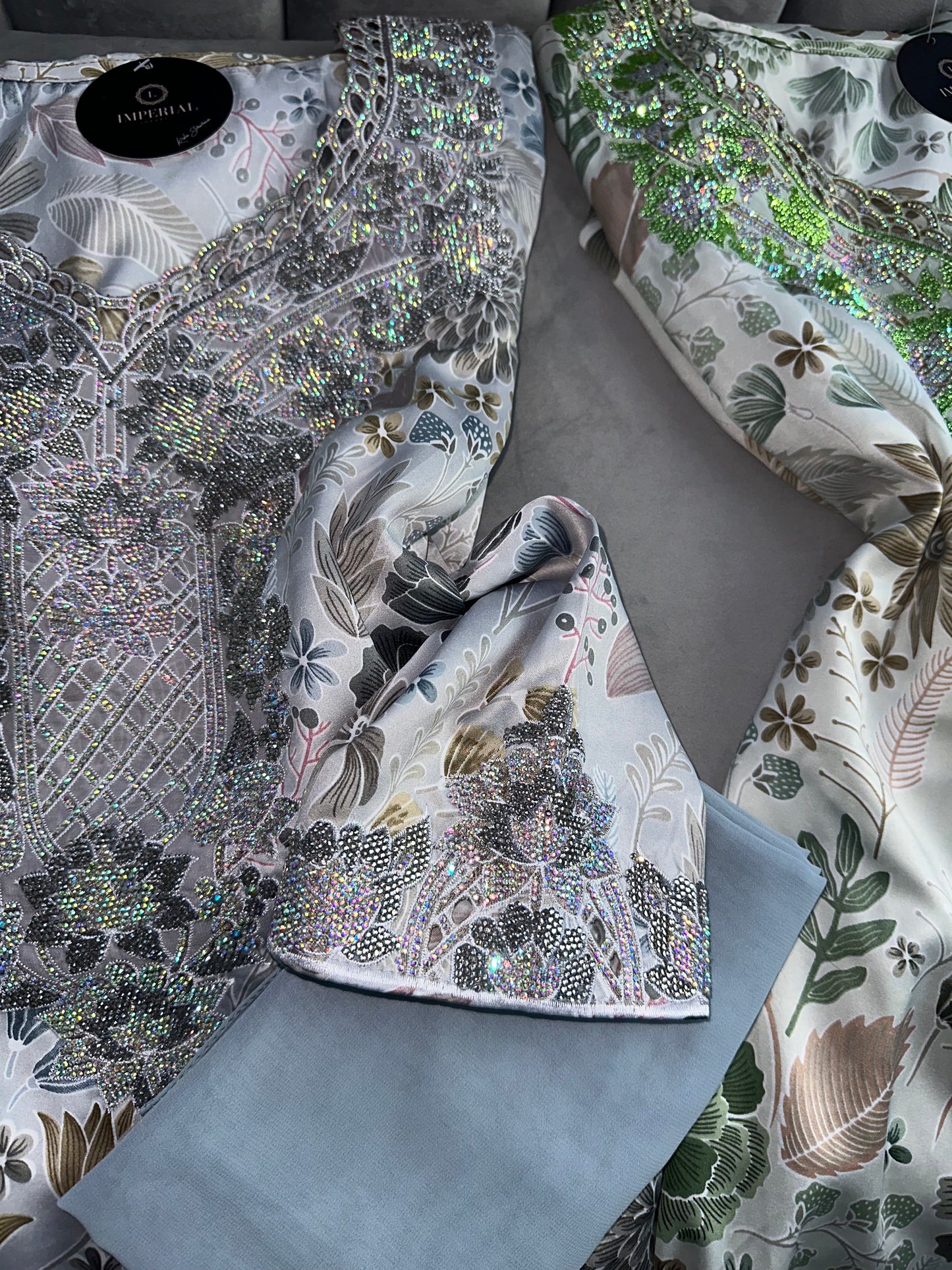 Green, grey, brown, blue and pink mkhawars with corset and matching Shiela