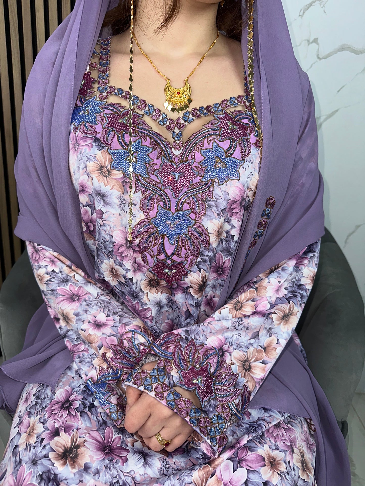 Purple and pink mkhawar with matching Shiela and back corset
