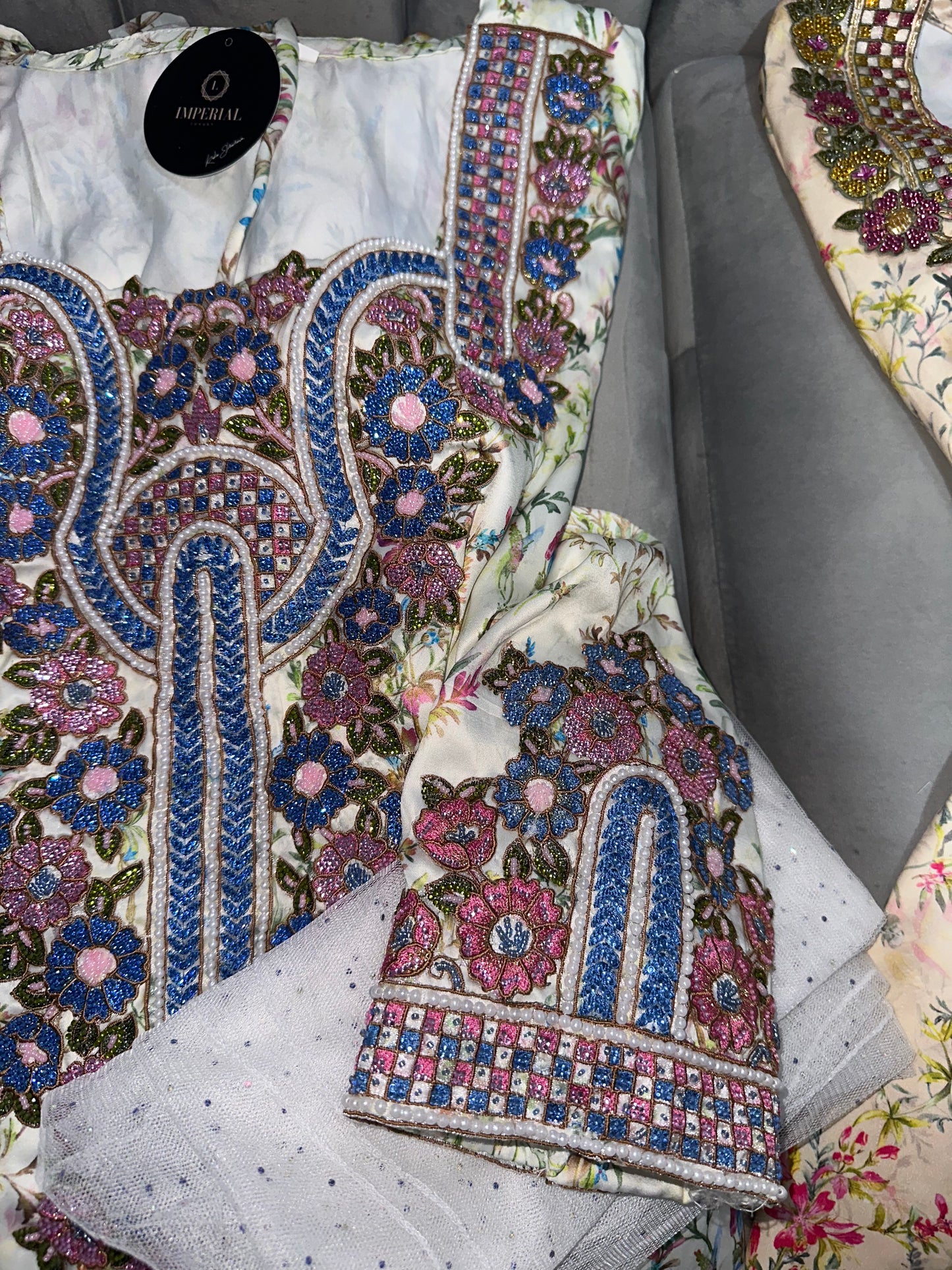 Pink, creamy, grey, green and white handmade mkhawar with corset back and chiffon Shiela