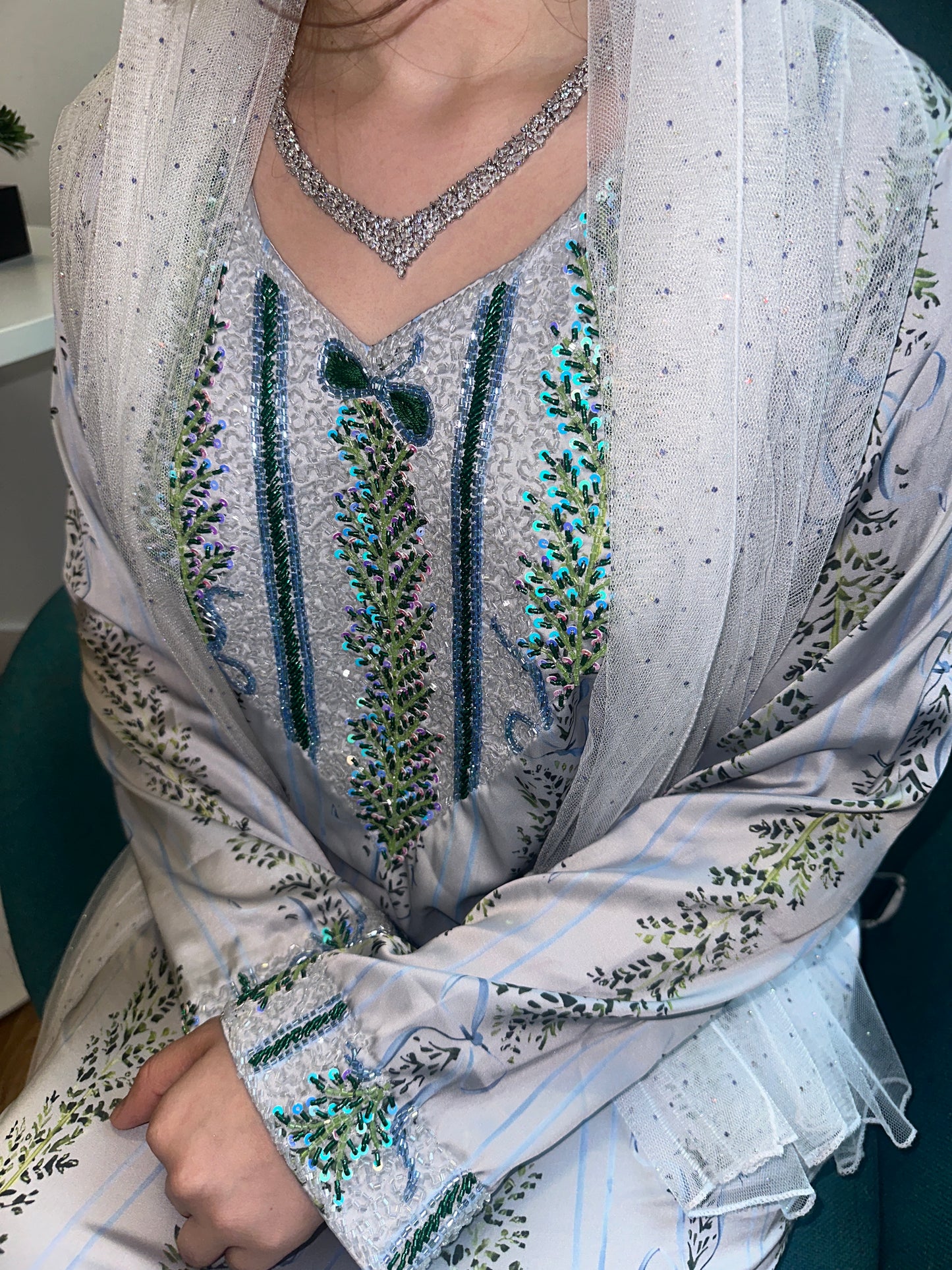 Blue and grey beaded, pure silk mkhawar