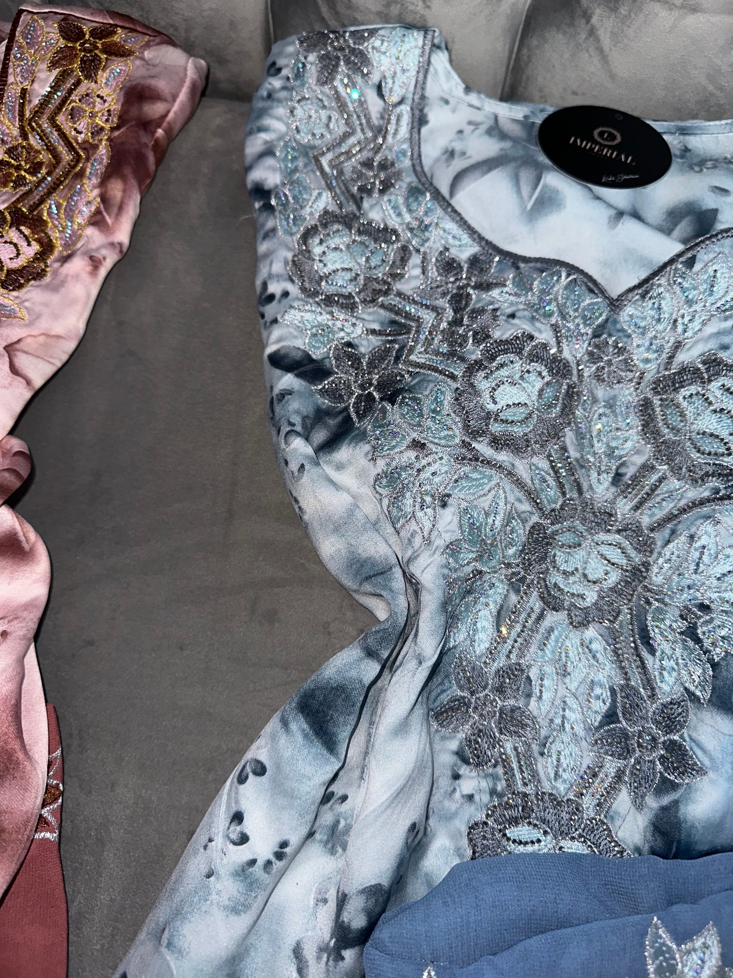 Cream, blue, green and rose mkhawars with matching Shiela