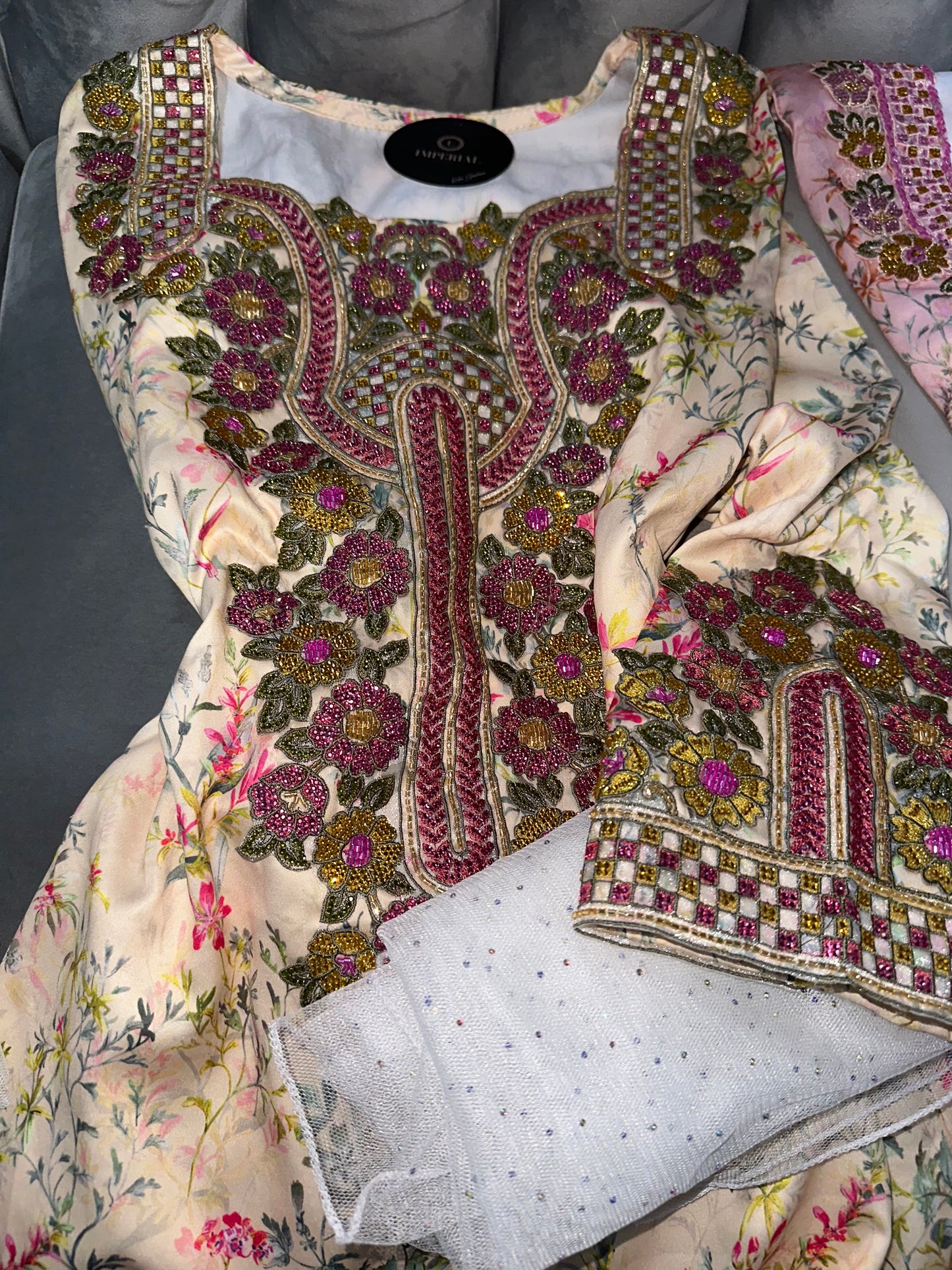 Pink, creamy, grey, green and white handmade mkhawar with corset back and chiffon Shiela